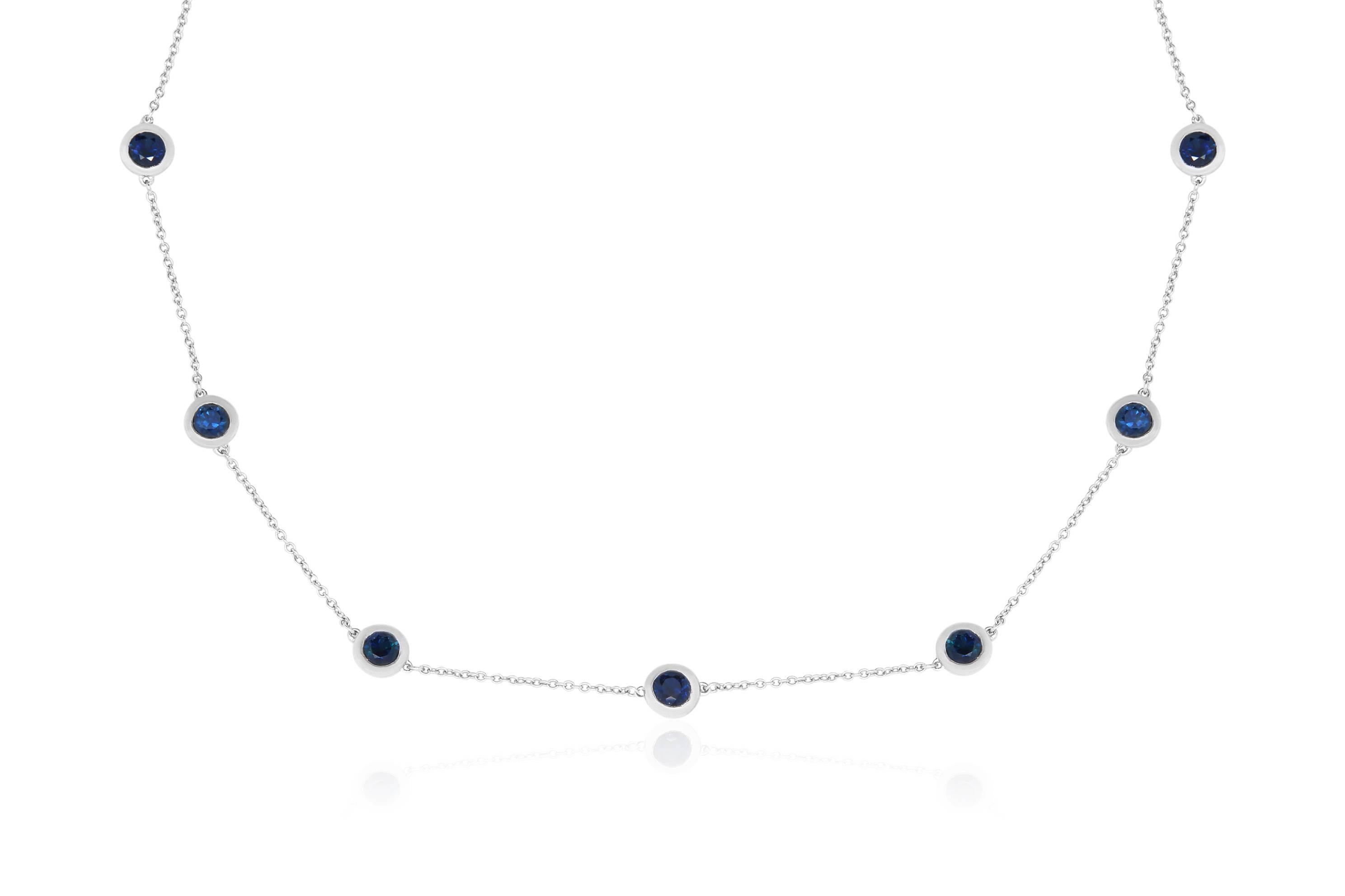 Our stunning Gemstone by the yard pieces feature beautiful round stones on a 14K white gold chain. 7 Blue Sapphires are featured weighing in at 2.44 Carats to make this piece a must have for colored jewelry lovers!

Material: 14k White Gold 
Stone