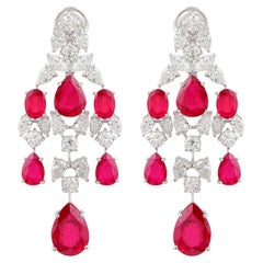 Boucles d'oreilles lustre en or blanc 14 carats massif avec pierres précieuses et diamants, fabrication artisanale