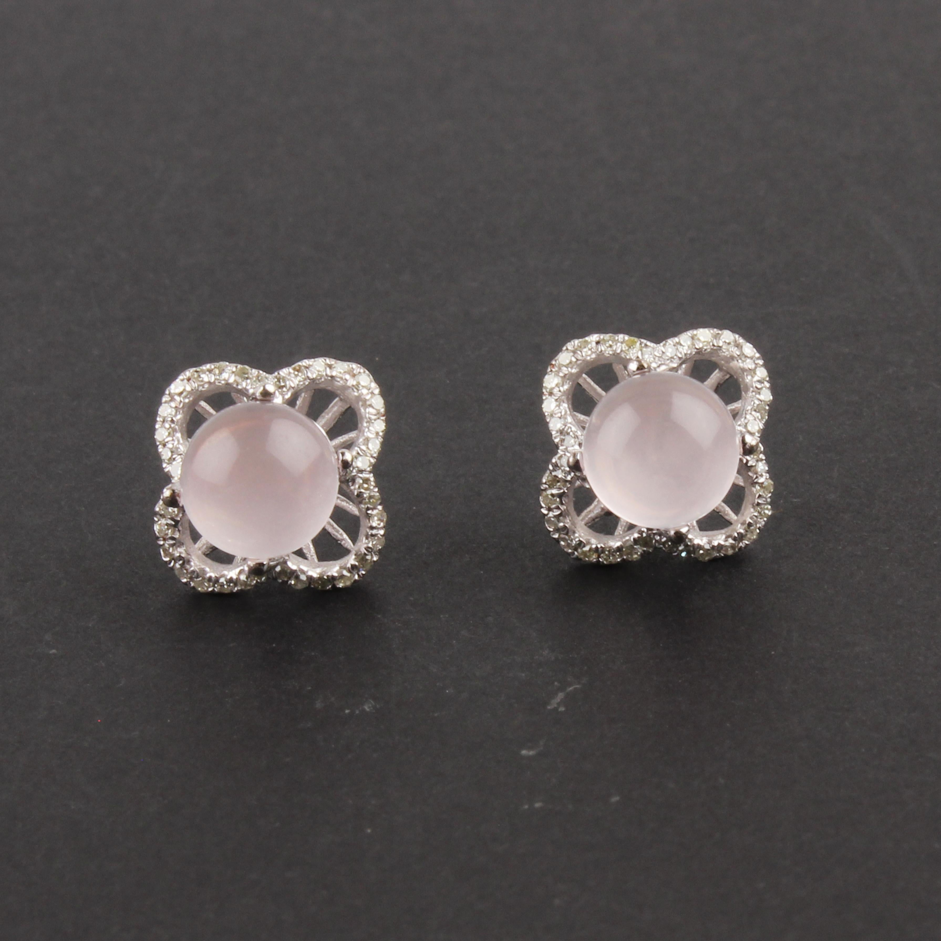 Gemstone Clover Stud Earrings Diamond Pave Ring Pendant Necklace 18 Karat Gold For Sale 3
