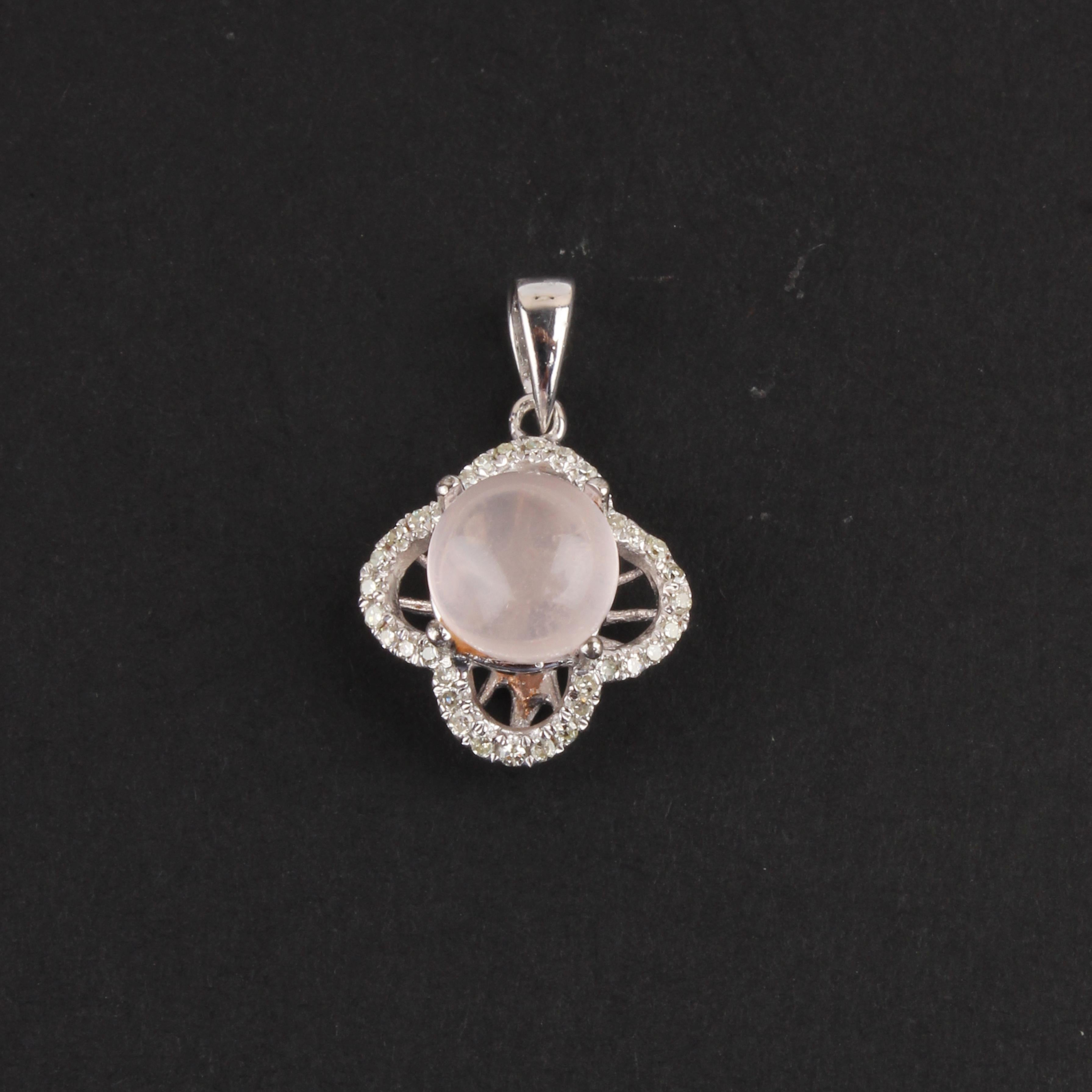 Gemstone Clover Stud Earrings Diamond Pave Ring Pendant Necklace 18 Karat Gold For Sale 4