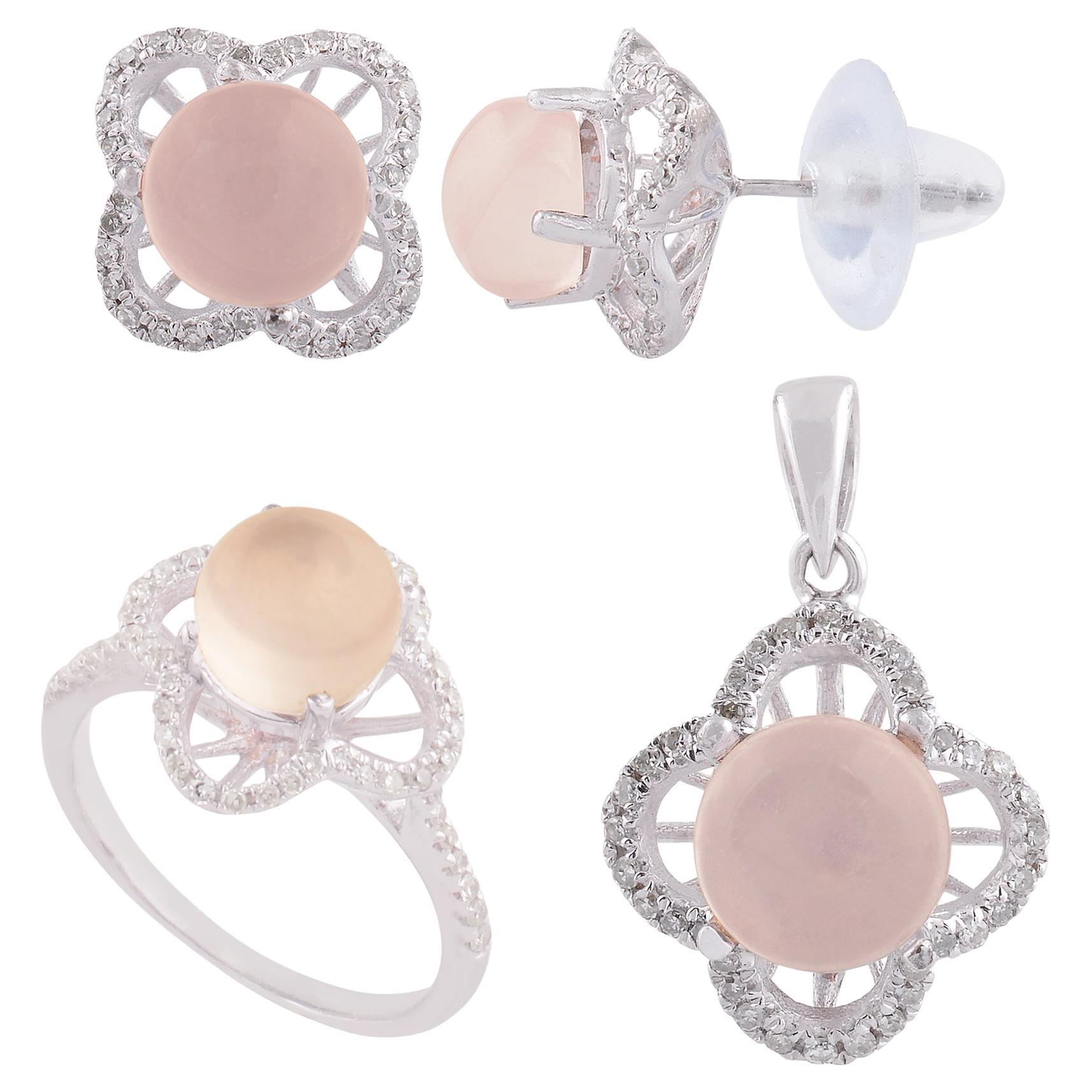 Gemstone Clover Stud Earrings Diamond Pave Ring Pendant Necklace 18 Karat Gold