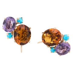 Gemstone Cluster Earrings 14 Karat Gold Citrine Amethyst Turquoise Estate