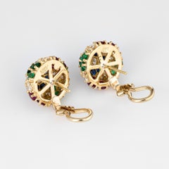 Gemstone Cluster Earrings Dome Vintage 18k Yellow Gold Diamond Sapphire Ruby