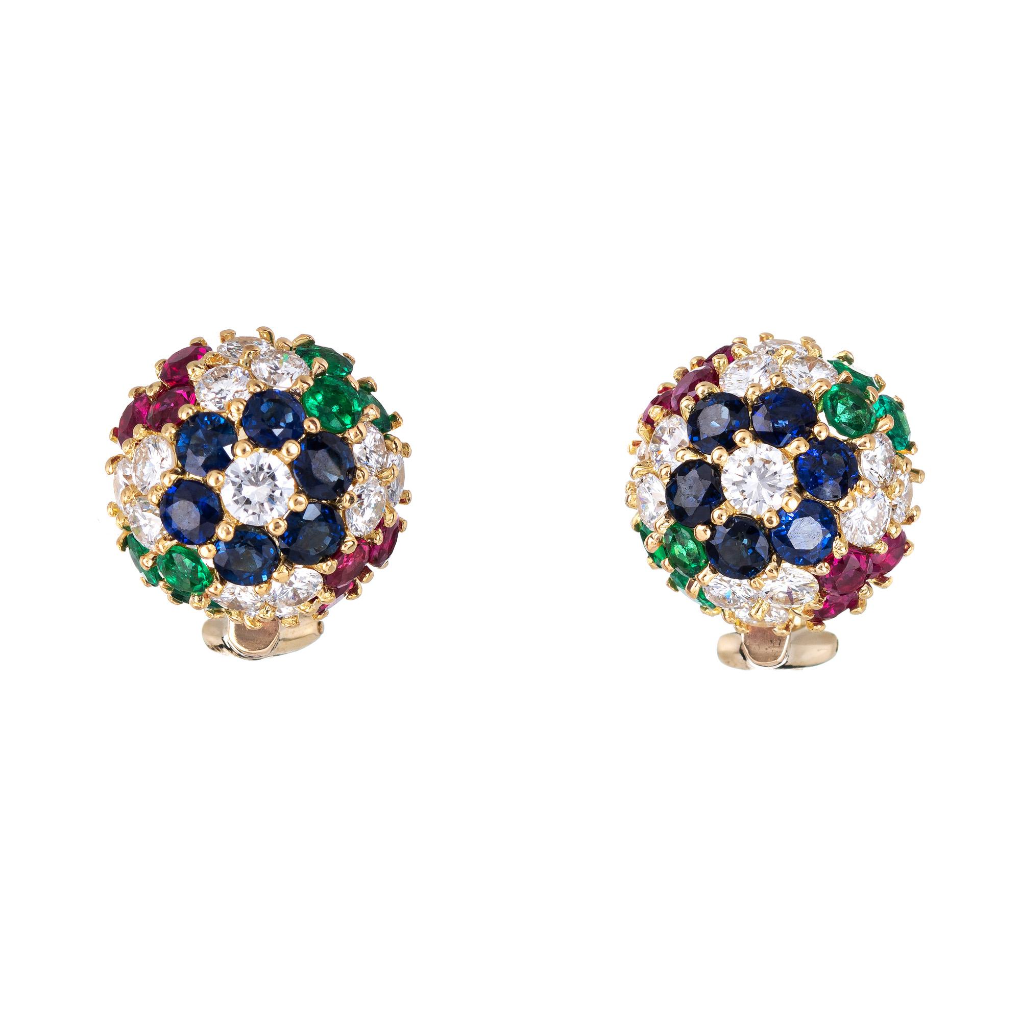 Modern Gemstone Cluster Earrings Dome Vintage 18k Yellow Gold Diamond Sapphire Ruby For Sale