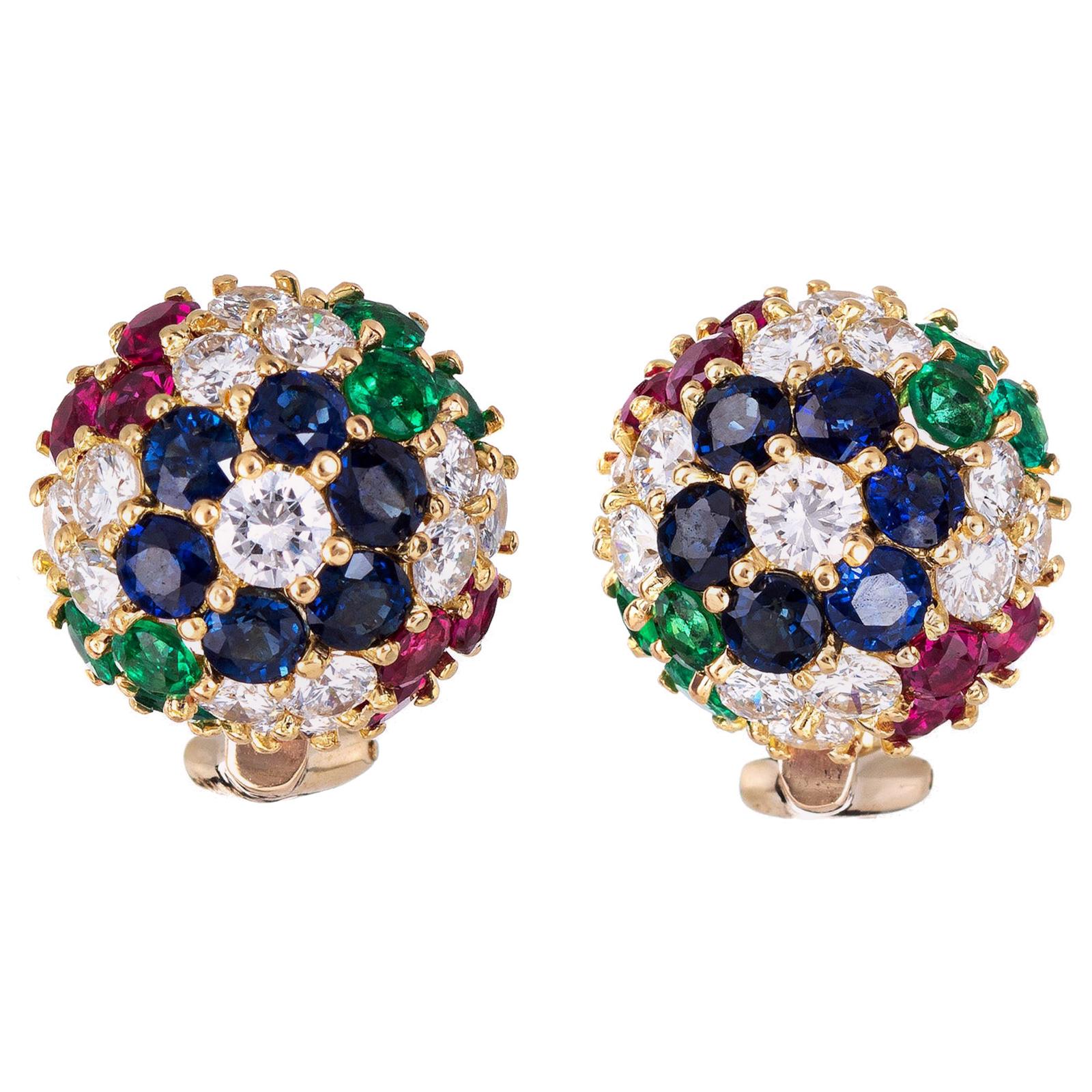 Gemstone Cluster Earrings Dome Vintage 18k Yellow Gold Diamond Sapphire Ruby For Sale