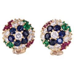 Gemstone Cluster Earrings Dome Vintage 18k Yellow Gold Diamond Sapphire Ruby