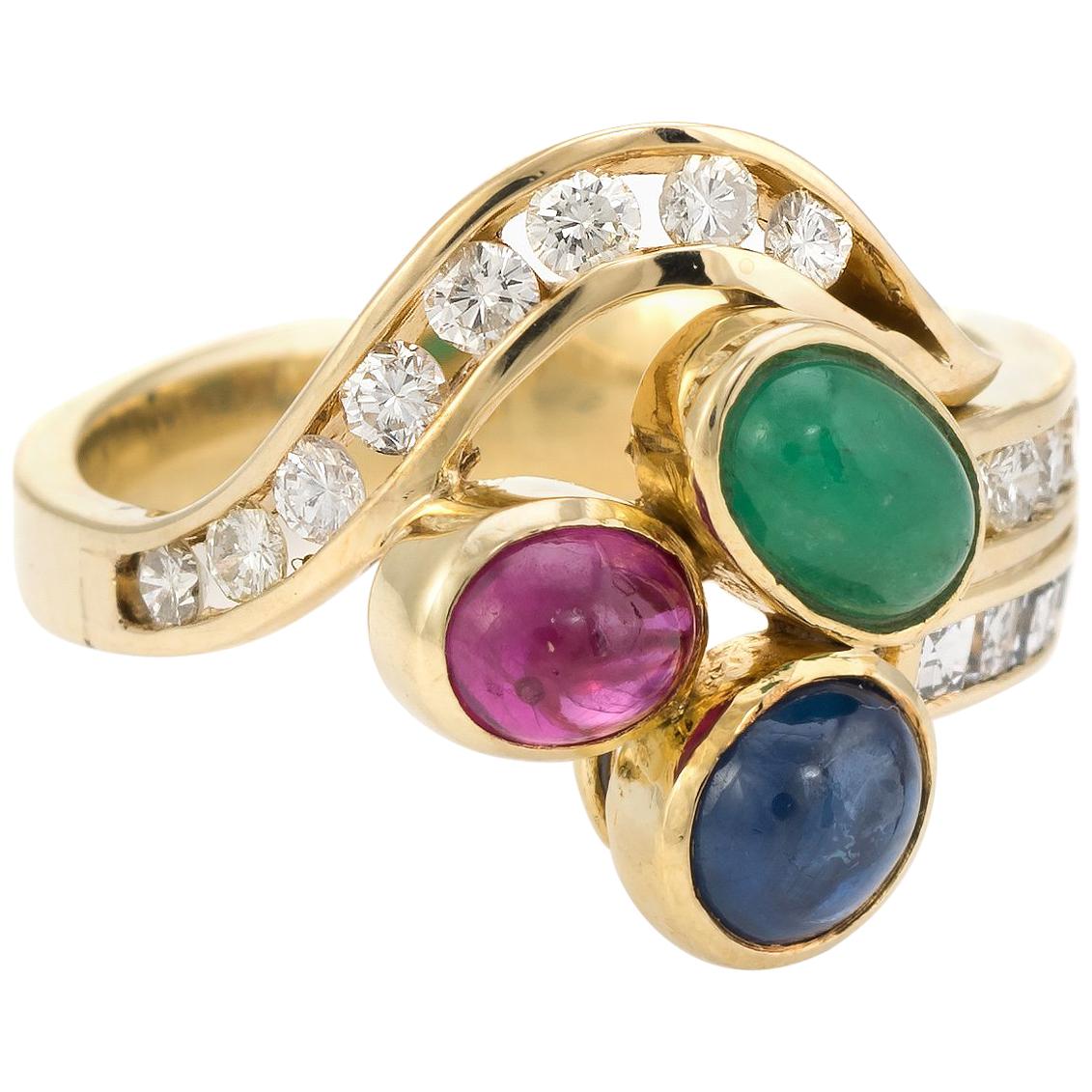 Gemstone Cluster Ring Diamond Vintage 14 Karat Yellow Gold Estate Fine Jewelry
