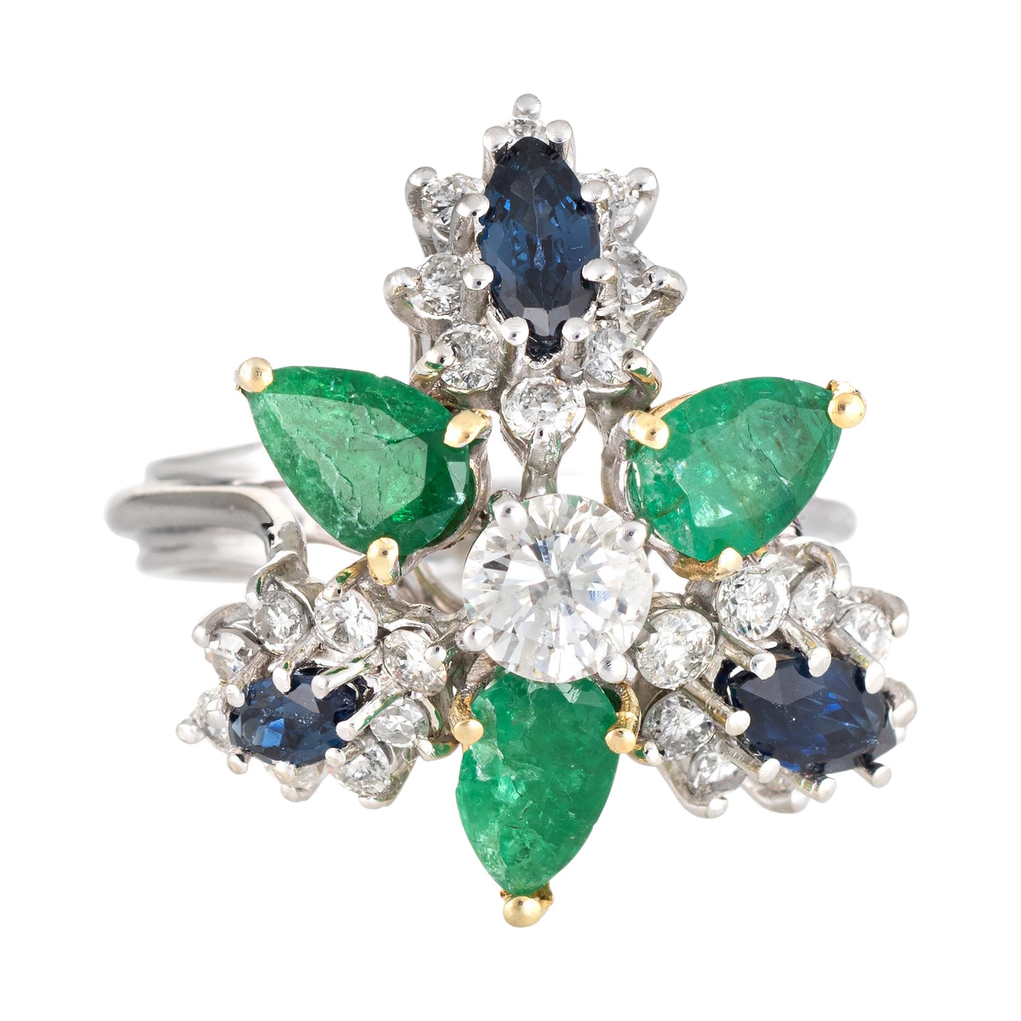 Gemstone Cluster Ring Emerald Sapphire Diamond Vintage 18 Karat Gold Cocktail