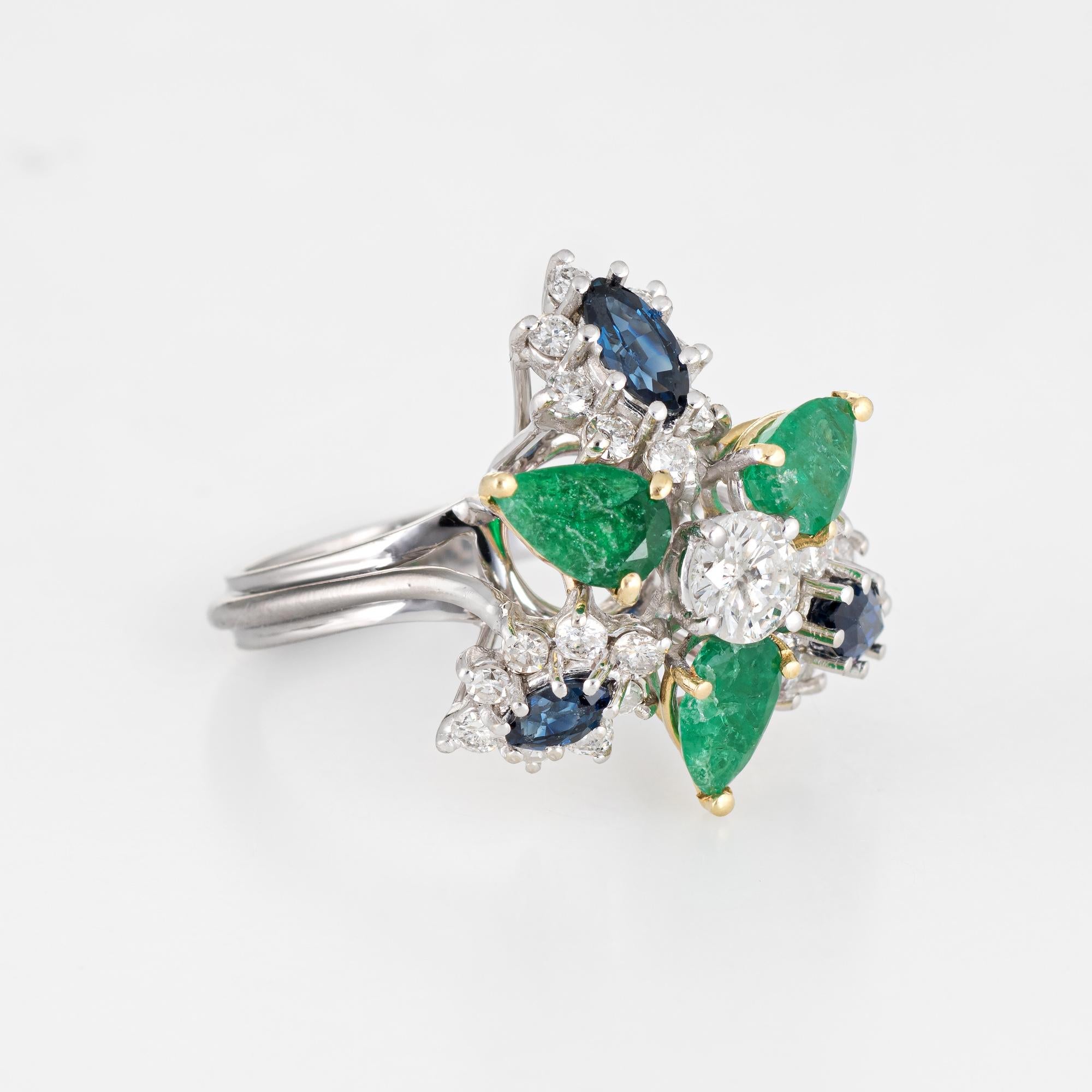 Modern Gemstone Cluster Ring Emerald Sapphire Diamond Vintage 18 Karat Gold Cocktail