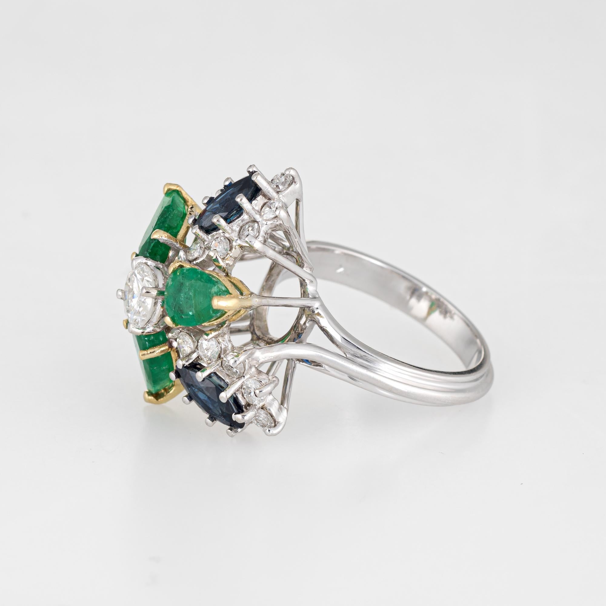 Gemstone Cluster Ring Emerald Sapphire Diamond Vintage 18 Karat Gold Cocktail In Excellent Condition In Torrance, CA