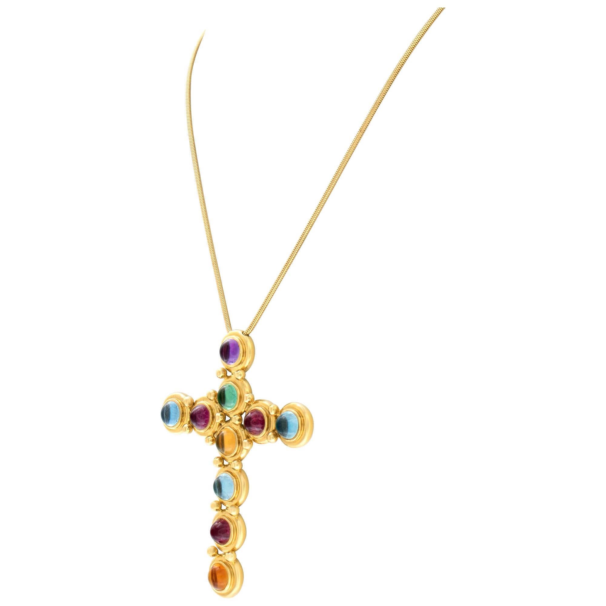 Women's or Men's Gemstone Cross Pendant in 18k Gold w Aquamarine, Topaz, Citrine & Tourmalines