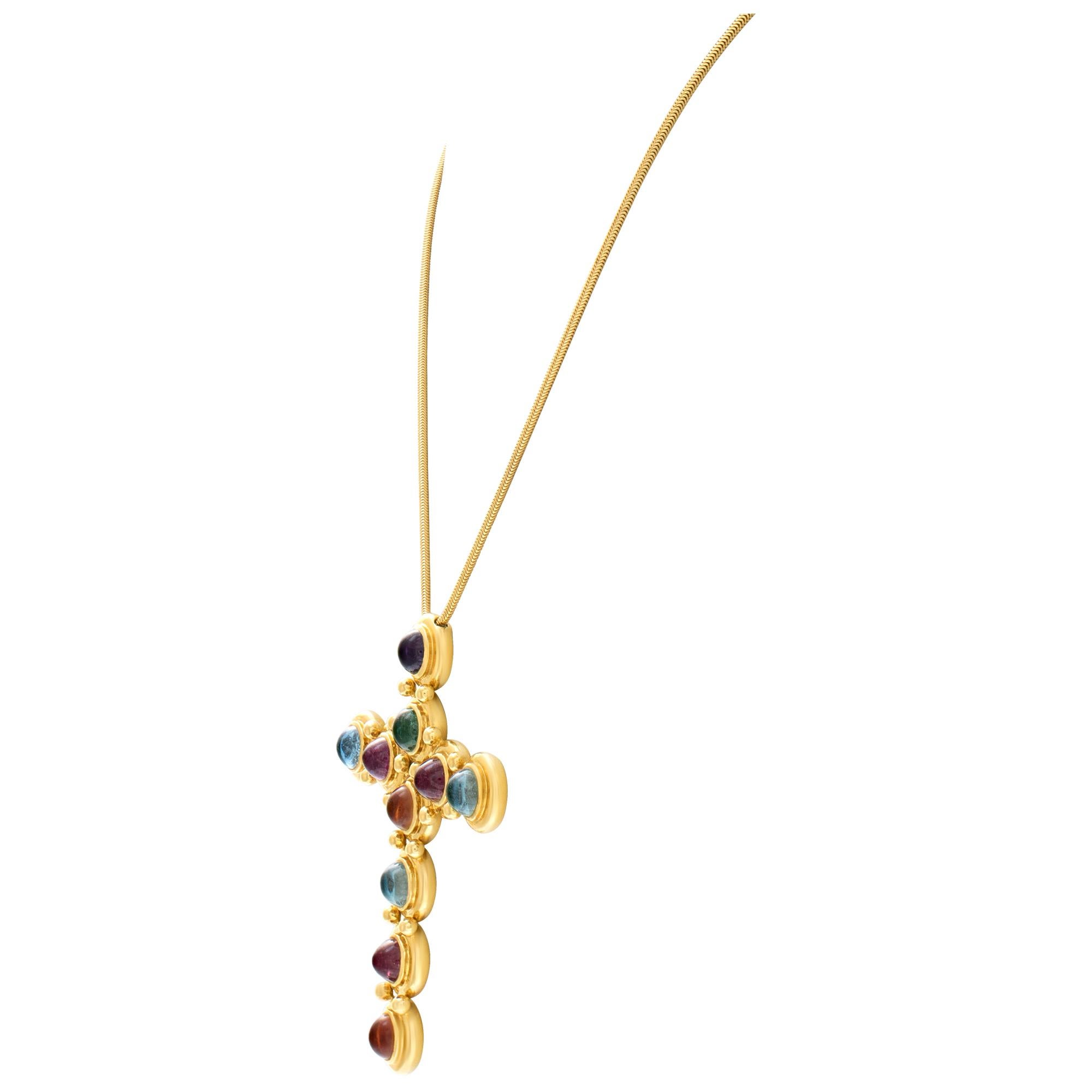 Gemstone Cross Pendant in 18k Gold w Aquamarine, Topaz, Citrine & Tourmalines 1