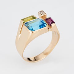 Gemstone Diamond Mosaic Ring Estate 14k Yellow Gold Blue Topaz Tourmaline Sz 9
