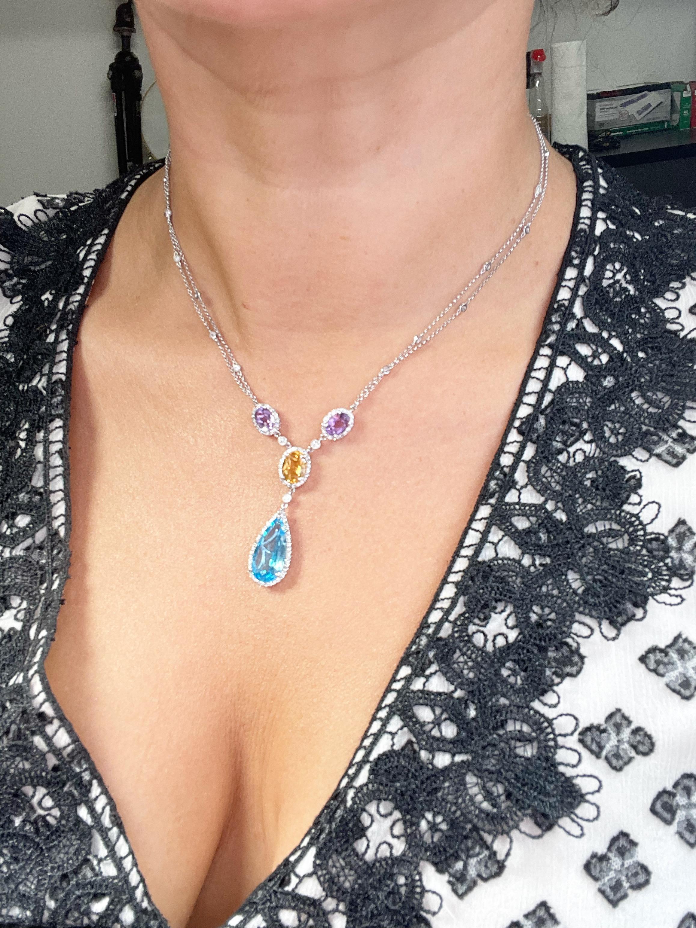 Elegant Y style Lariat necklace made with diamonds, topaz, citrine and amethyst. A beautiful summer necklace in 14KT white gold. The necklace can be worn as cocktail necklace with a black dress as well as a white shirt and jeans for more of a casual