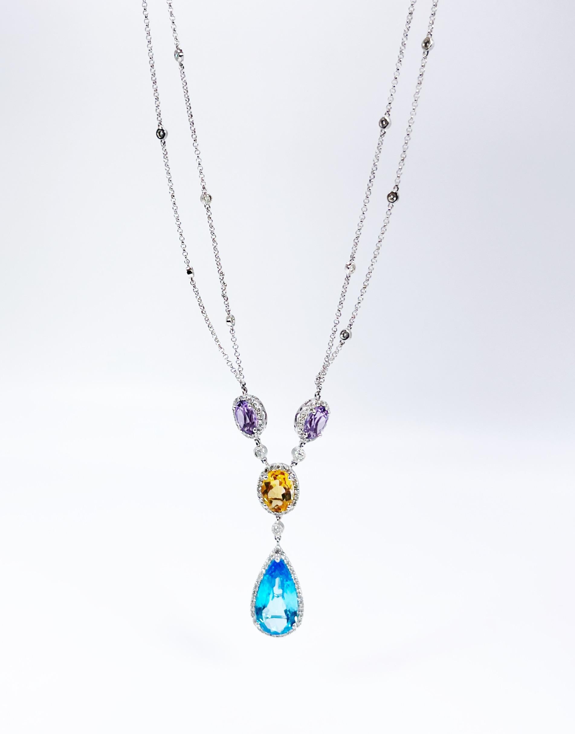 Modern Gemstone diamond necklace 14KT white gold Y Lariat necklace For Sale