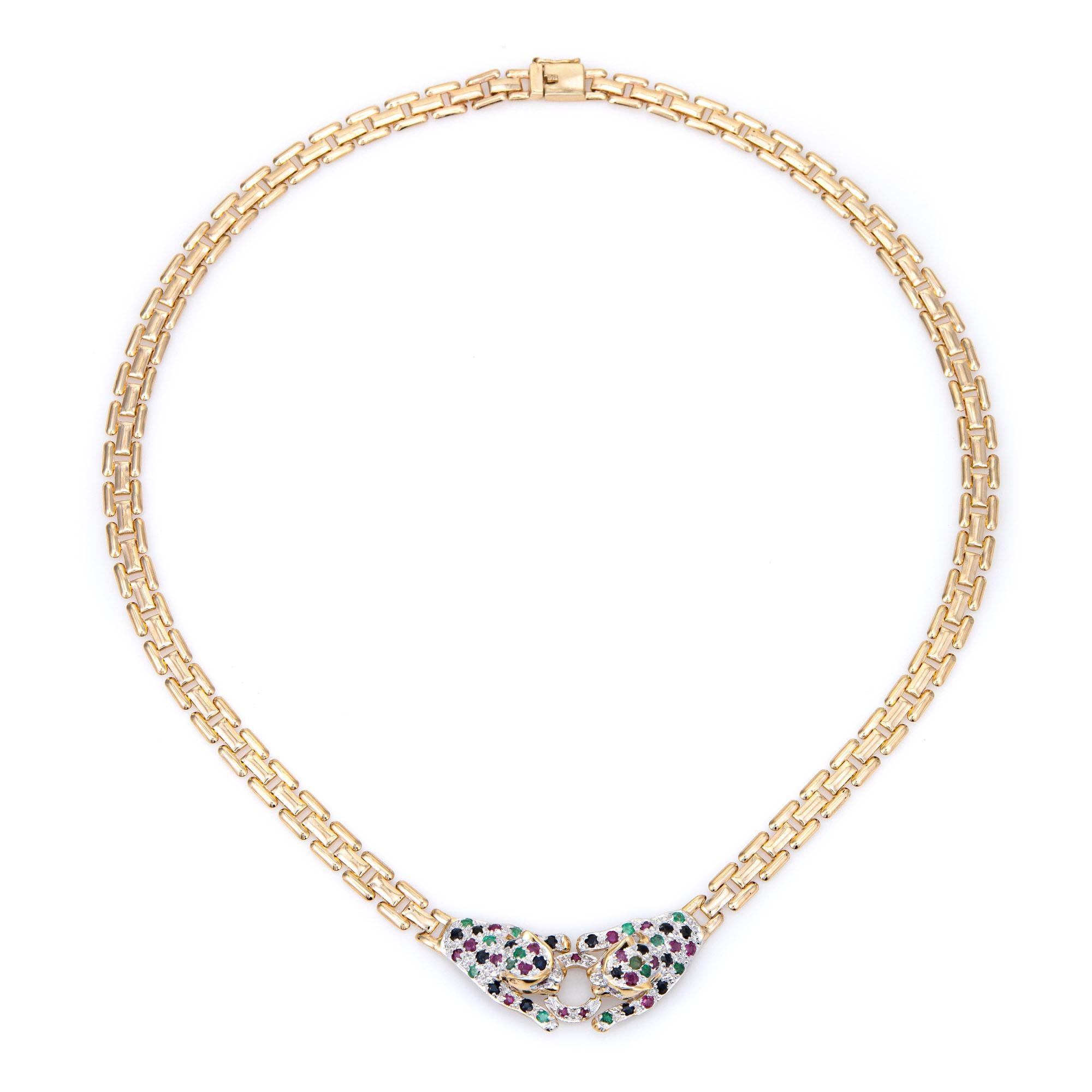 Round Cut Gemstone Double Leopard Necklace Vintage 14k Gold 15