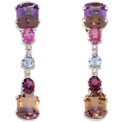 Gemstone Drop Earrings Estate 18 Karat Gold Ametrine Pink Tourmaline Diamond