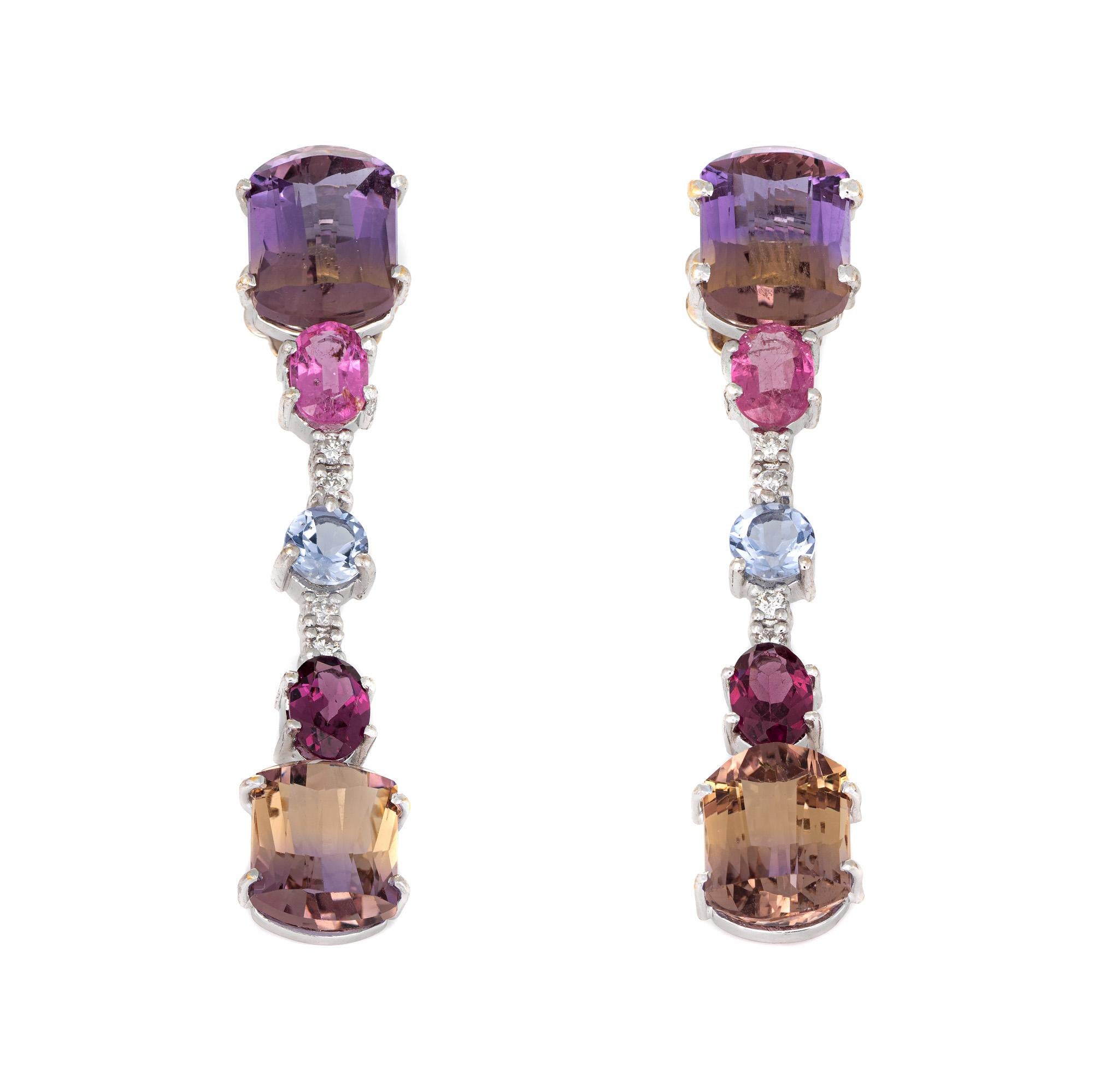 Modern Gemstone Drop Earrings Estate 18k White Gold Ametrine Pink Tourmaline Diamond