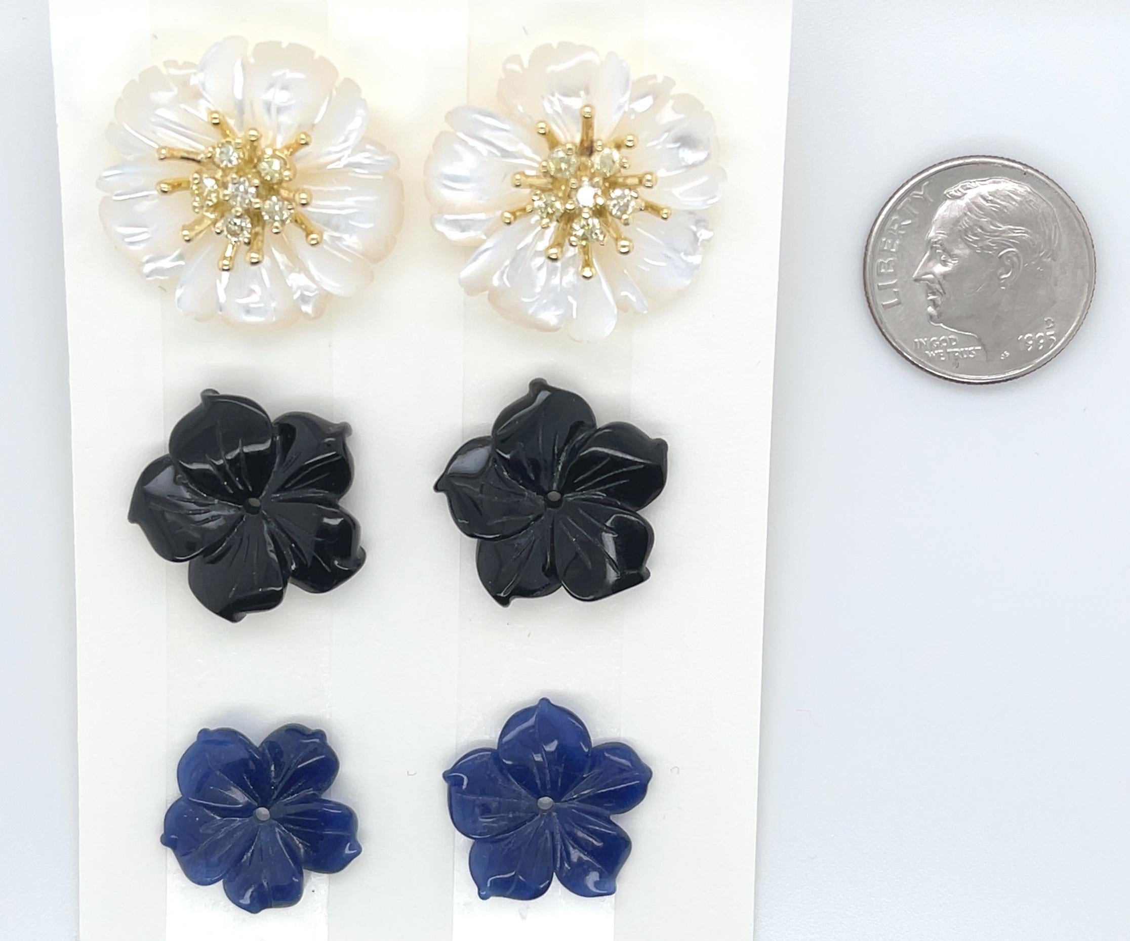 These hand-carved gemstone earring jackets pair beautifully with our natural yellow diamond stamen posts, but can also be mixed and matched with stud earrings you already own! Demin blue lapis, dramatic black onyx and shimmering mother-of-pearl