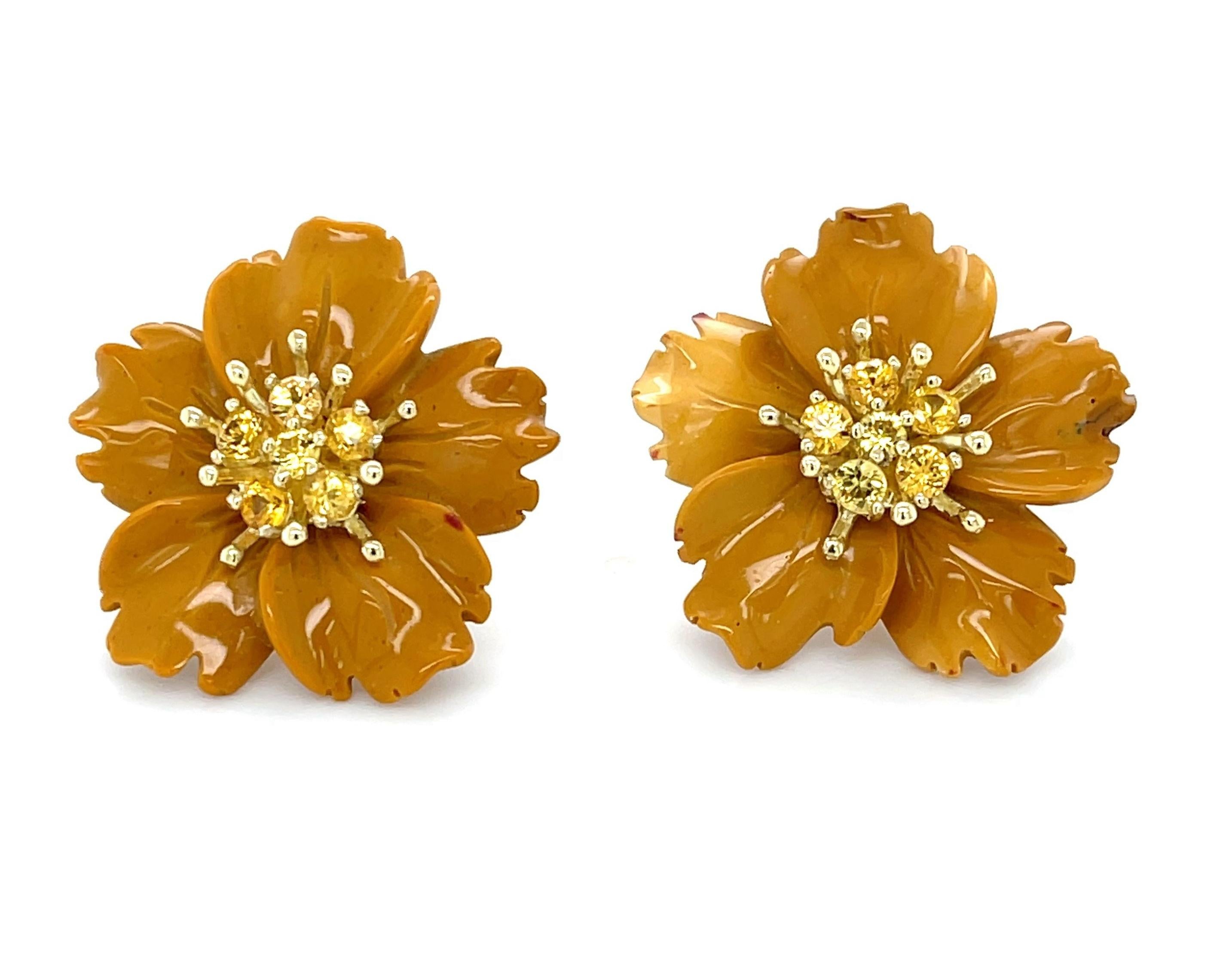 Artisan Gemstone Flower Earring Jackets with 18K Gold and Yellow Sapphires Stud Earrings For Sale