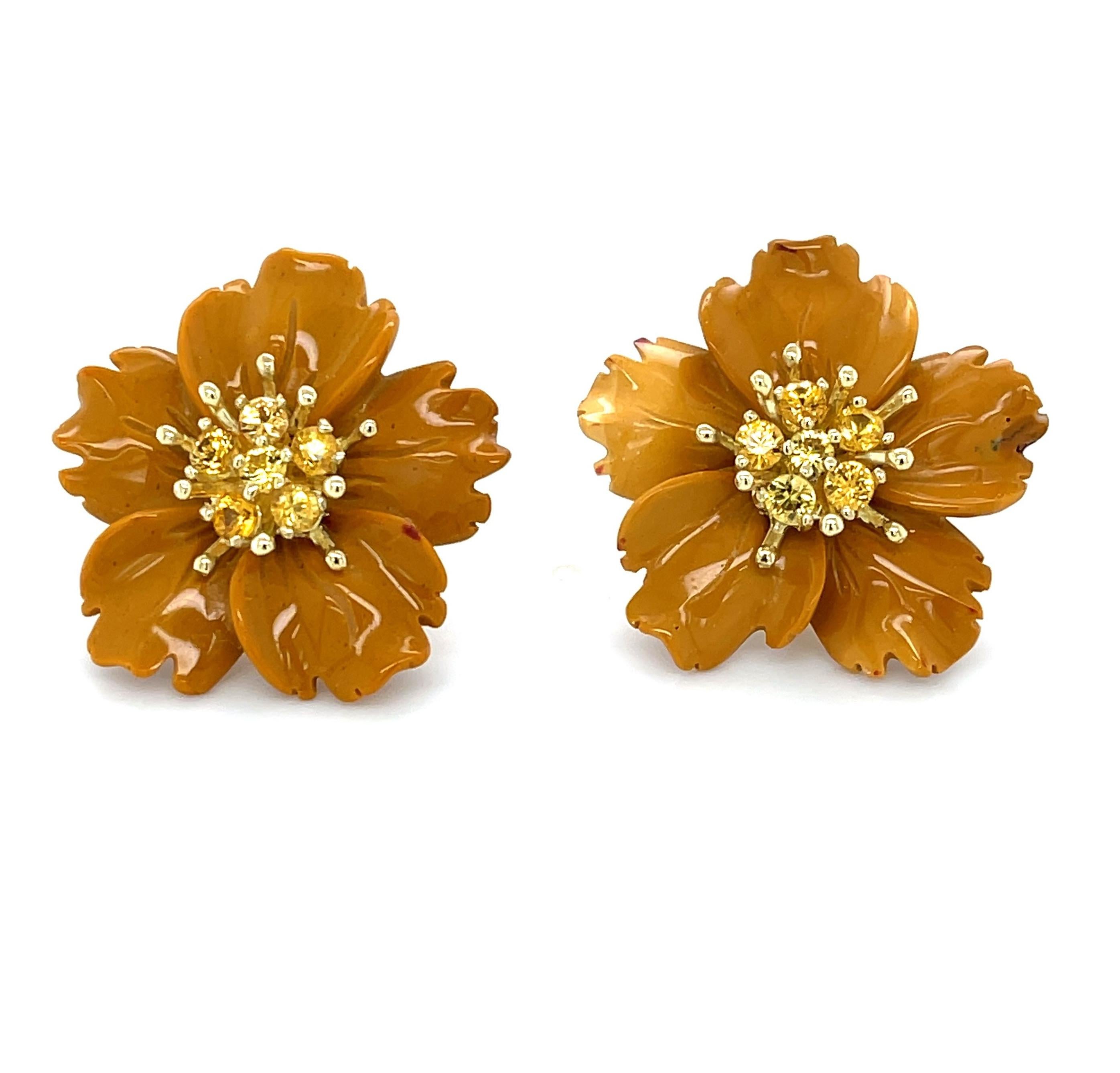 Round Cut Gemstone Flower Earring Jackets with 18K Gold and Yellow Sapphires Stud Earrings For Sale