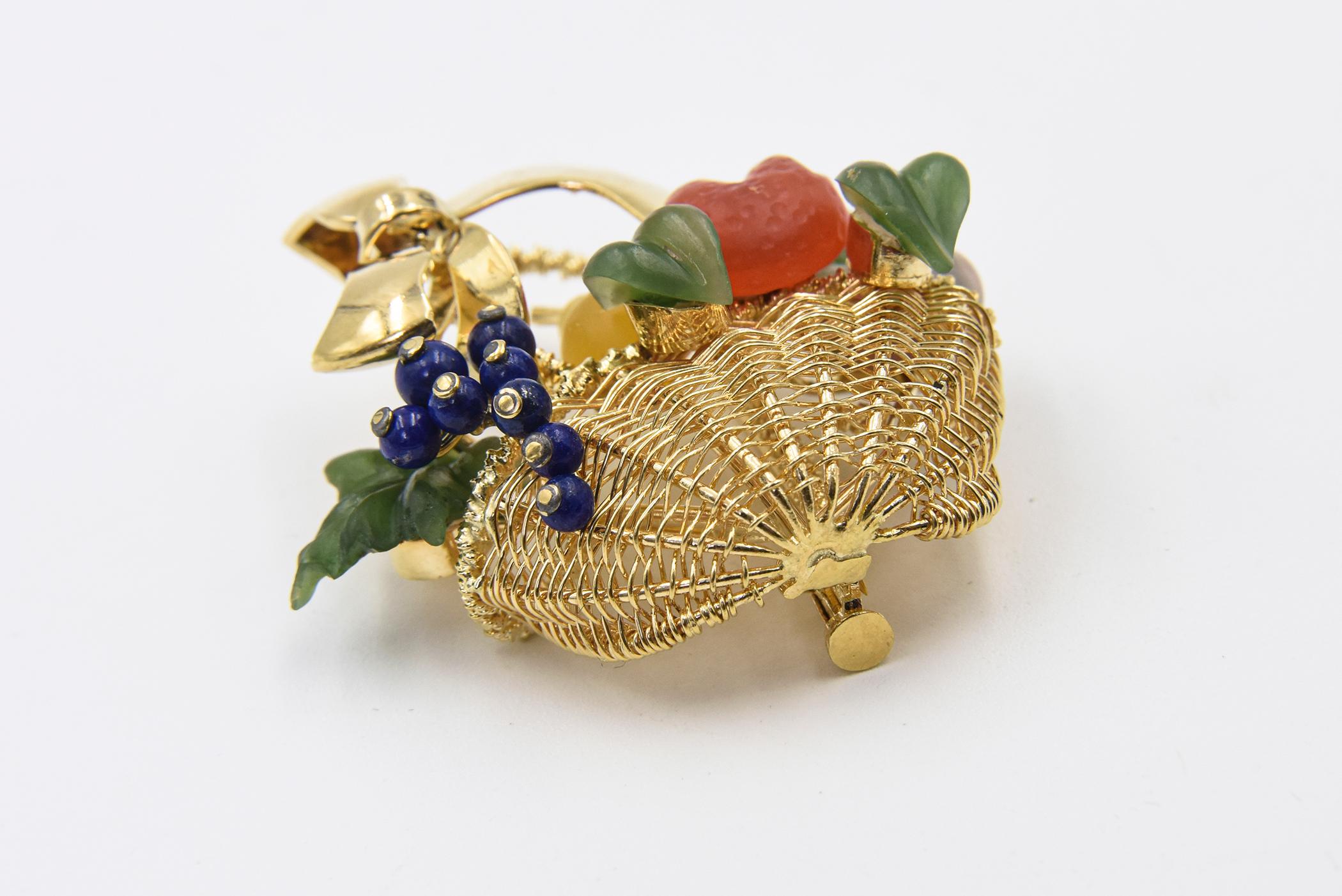 Gemstone Fruit Basket Woven Yellow Gold Brooch with Bow Handle For Sale 3