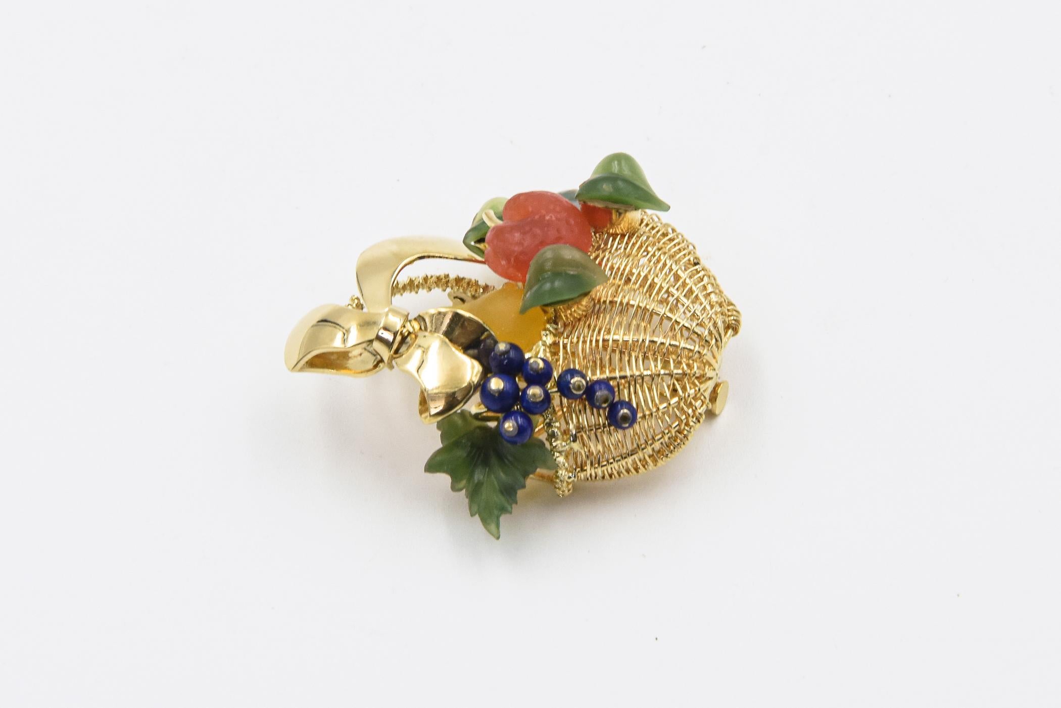 Mixed Cut Gemstone Fruit Basket Woven Yellow Gold Brooch with Bow Handle For Sale