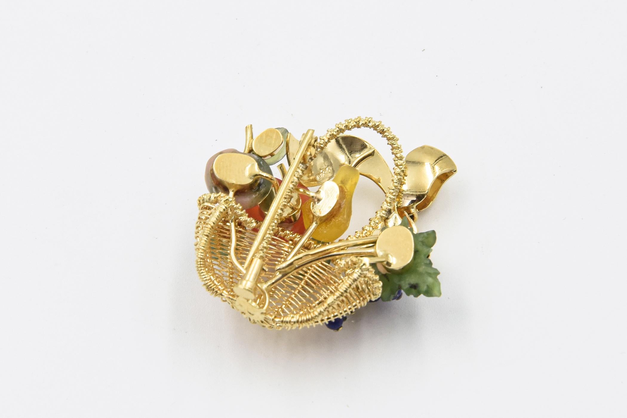 Gemstone Fruit Basket Woven Yellow Gold Brooch with Bow Handle In Good Condition For Sale In Miami Beach, FL