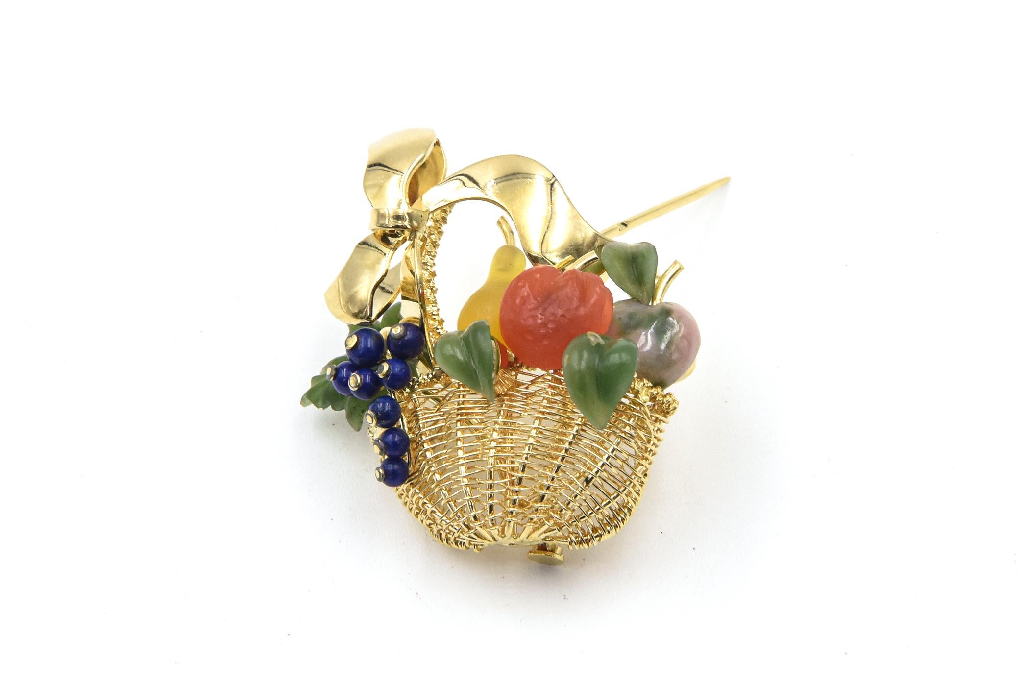 Gemstone Fruit Basket Woven Yellow Gold Brooch with Bow Handle For Sale 1