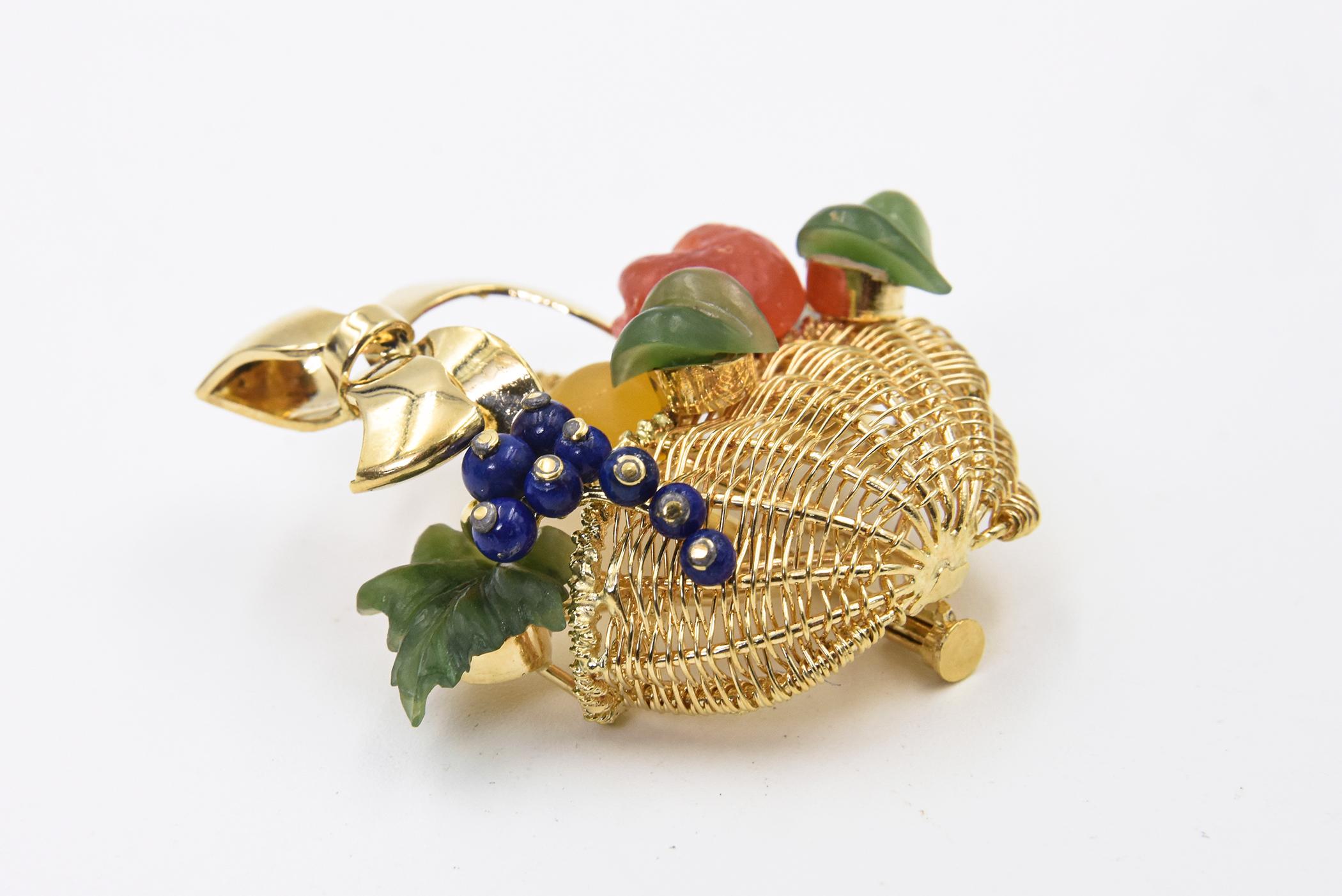 Gemstone Fruit Basket Woven Yellow Gold Brooch with Bow Handle For Sale 2
