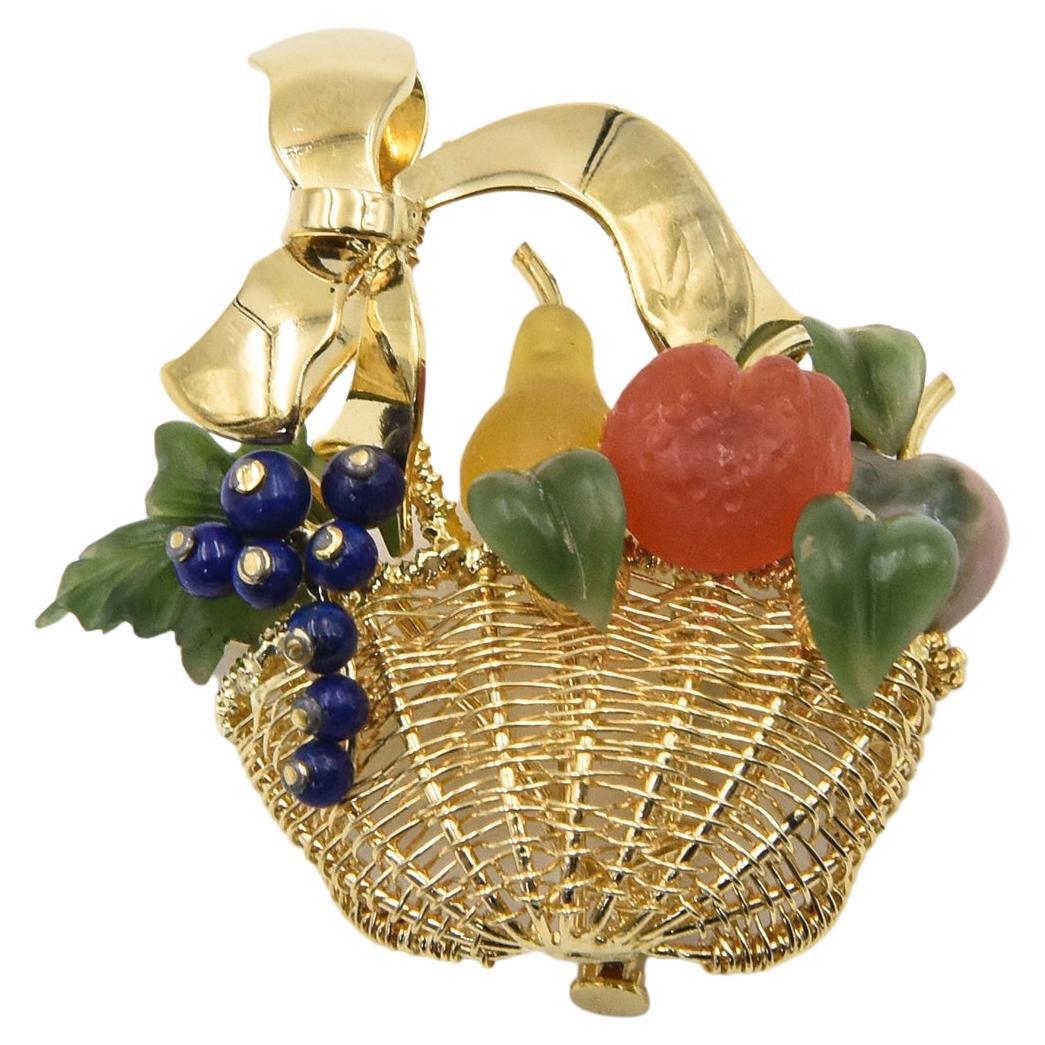 Gemstone Fruit Basket Woven Yellow Gold Brooch with Bow Handle For Sale