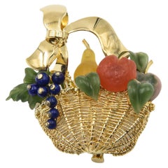 Gemstone Fruit Basket Woven Yellow Gold Brooch with Bow Handle