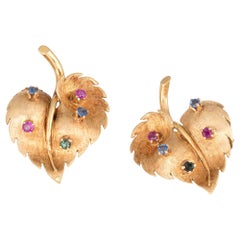 Gemstone Leaf Earrings Vintage 18 Karat Yellow Gold Sapphire Ruby Estate Jewelry