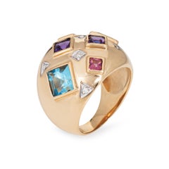 Gemstone Mosaic Ring Vintage Sz 8 Dome 14k Yellow Gold Estate Fine Jewelry