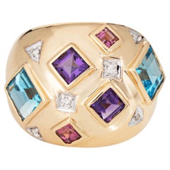 Anello con mosaico di pietre preziose Vintage Sz 8 Dome in oro giallo 14k Estate Jewelry