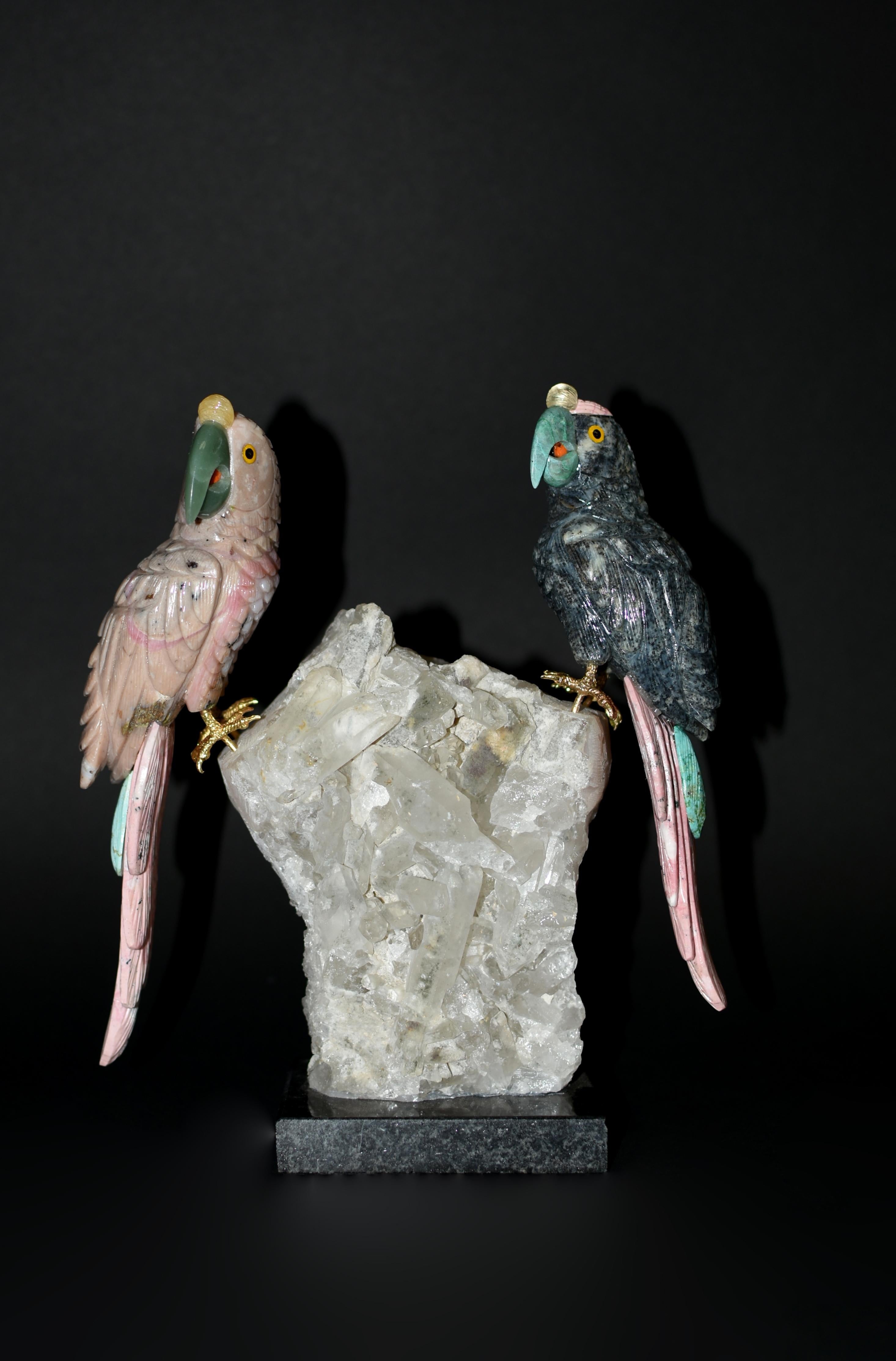 Peruvian Gemstone Opal Jasper Parrots on Rock Crystal