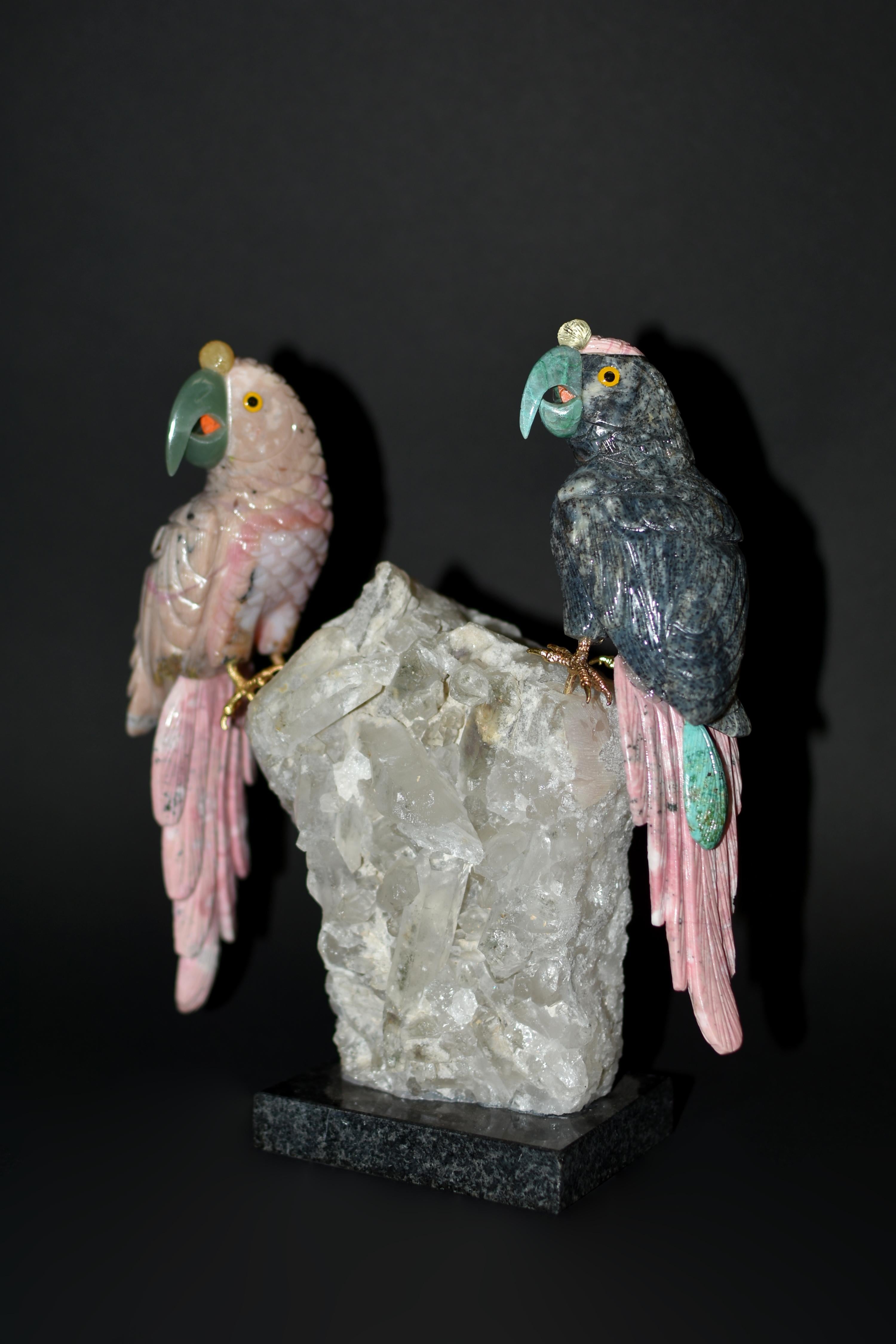 Hand-Carved Gemstone Opal Jasper Parrots on Rock Crystal