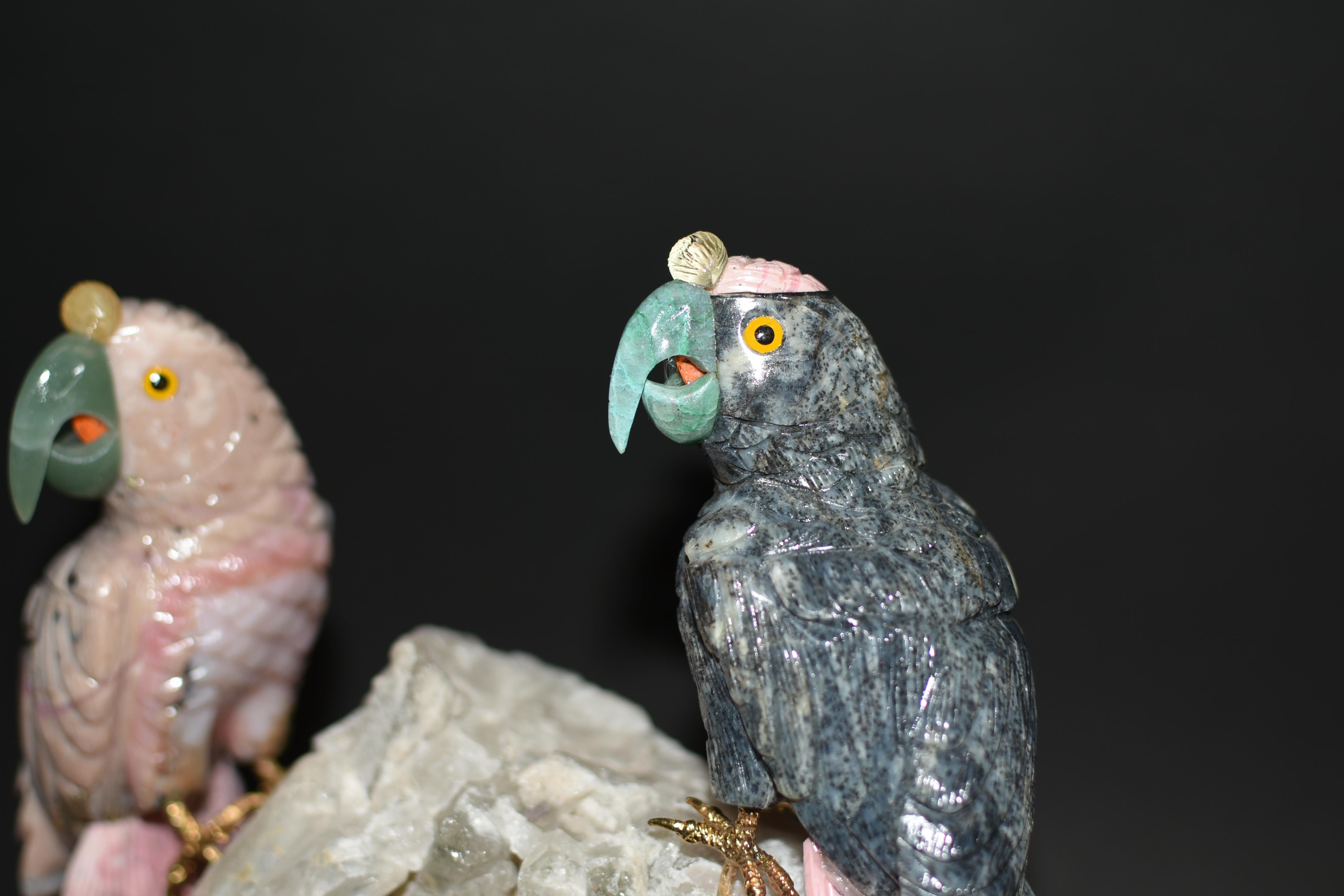 Gemstone Opal Jasper Parrots on Rock Crystal In Good Condition In Somis, CA