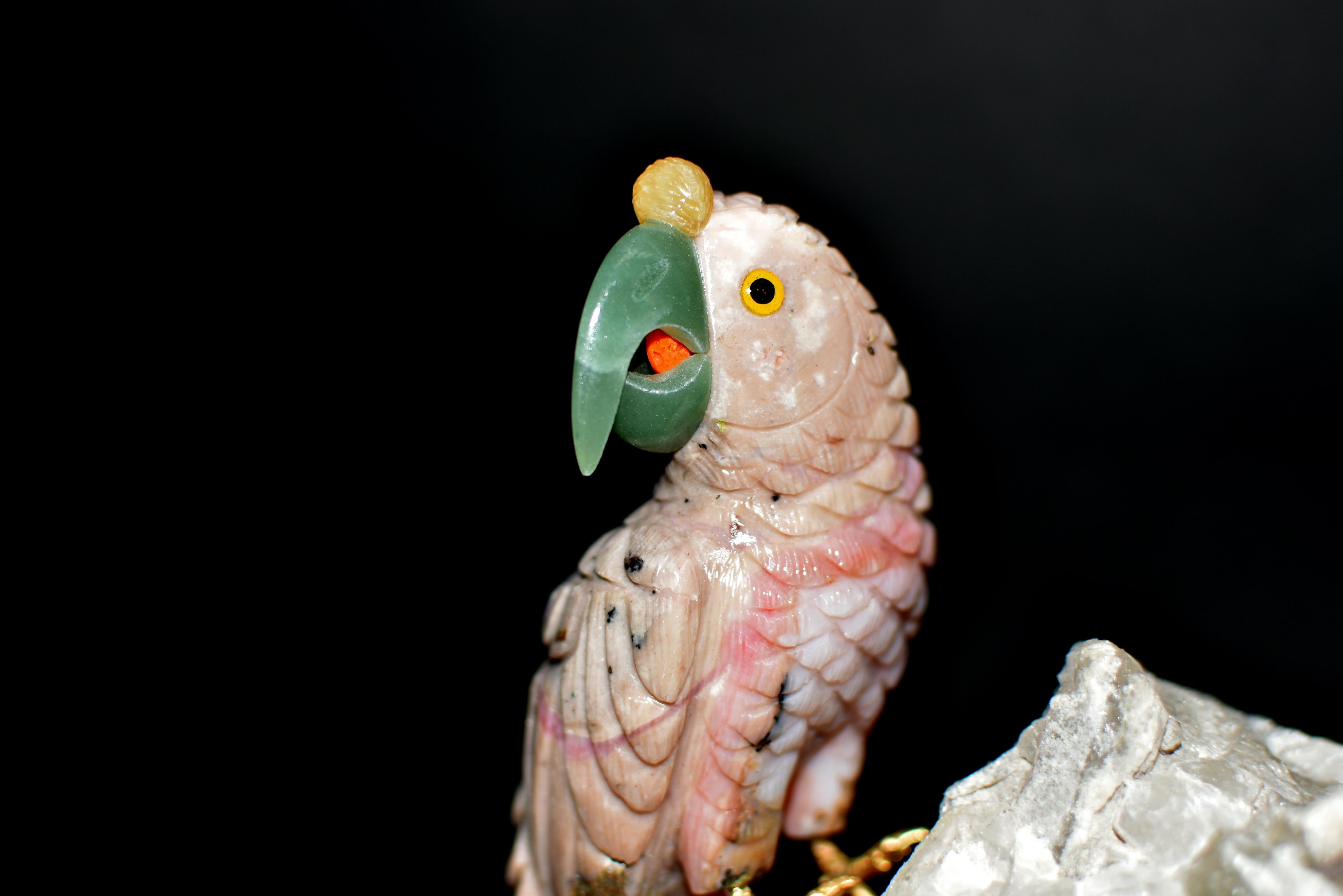Contemporary Gemstone Opal Jasper Parrots on Rock Crystal