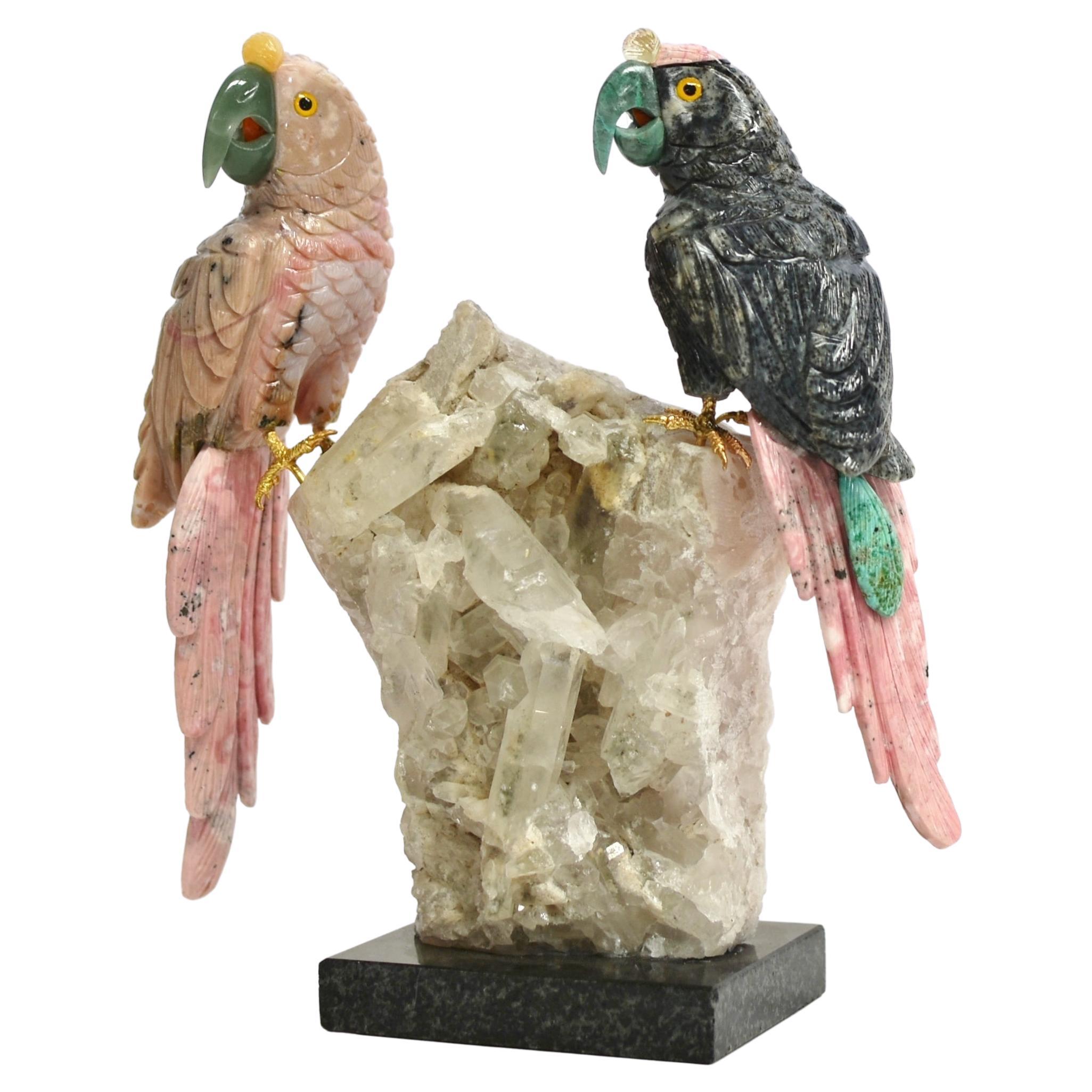 Gemstone Opal Jasper Parrots on Rock Crystal