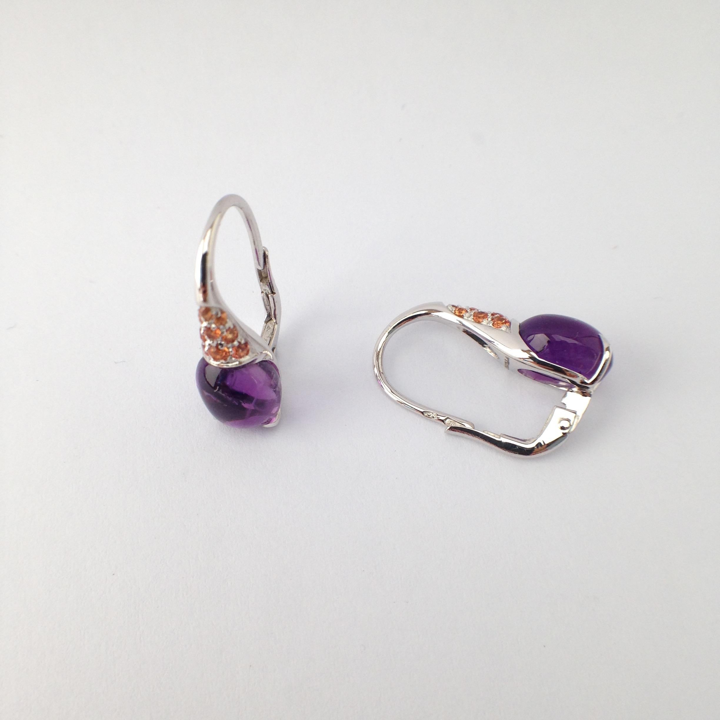 Artisan Gemstone Orange Sapphire Cabochon Amethyst 18Kt Gold Drop Earrings Made in Italy For Sale