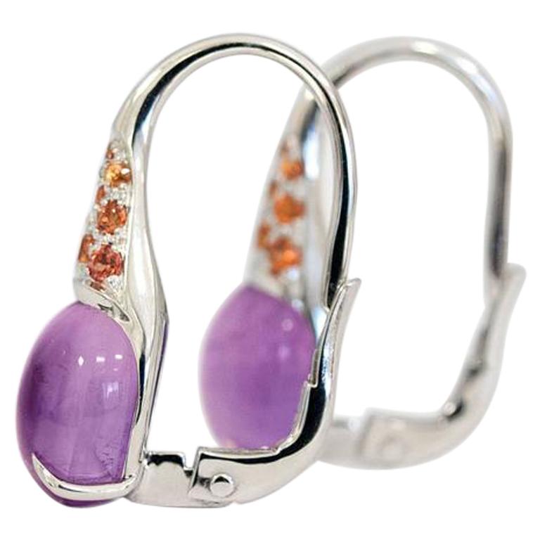 Women's Gemstone Orange Sapphire Cabochon Amethyst 18Kt Gold Drop Earrings Made in Italy For Sale
