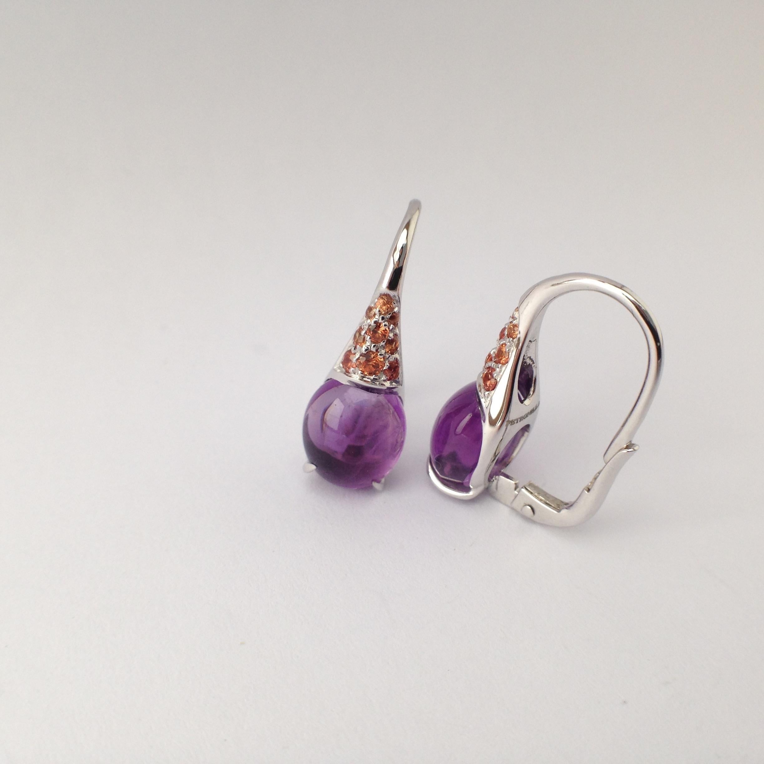 Gemstone Orange Sapphire Cabochon Amethyst 18Kt Gold Drop Earrings Made in Italy For Sale 2