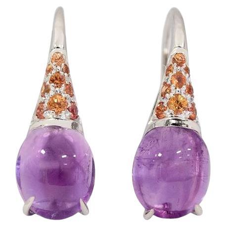 Gemstone Orange Sapphire Cabochon Amethyst 18Kt Gold Drop Earrings Made in Italy For Sale