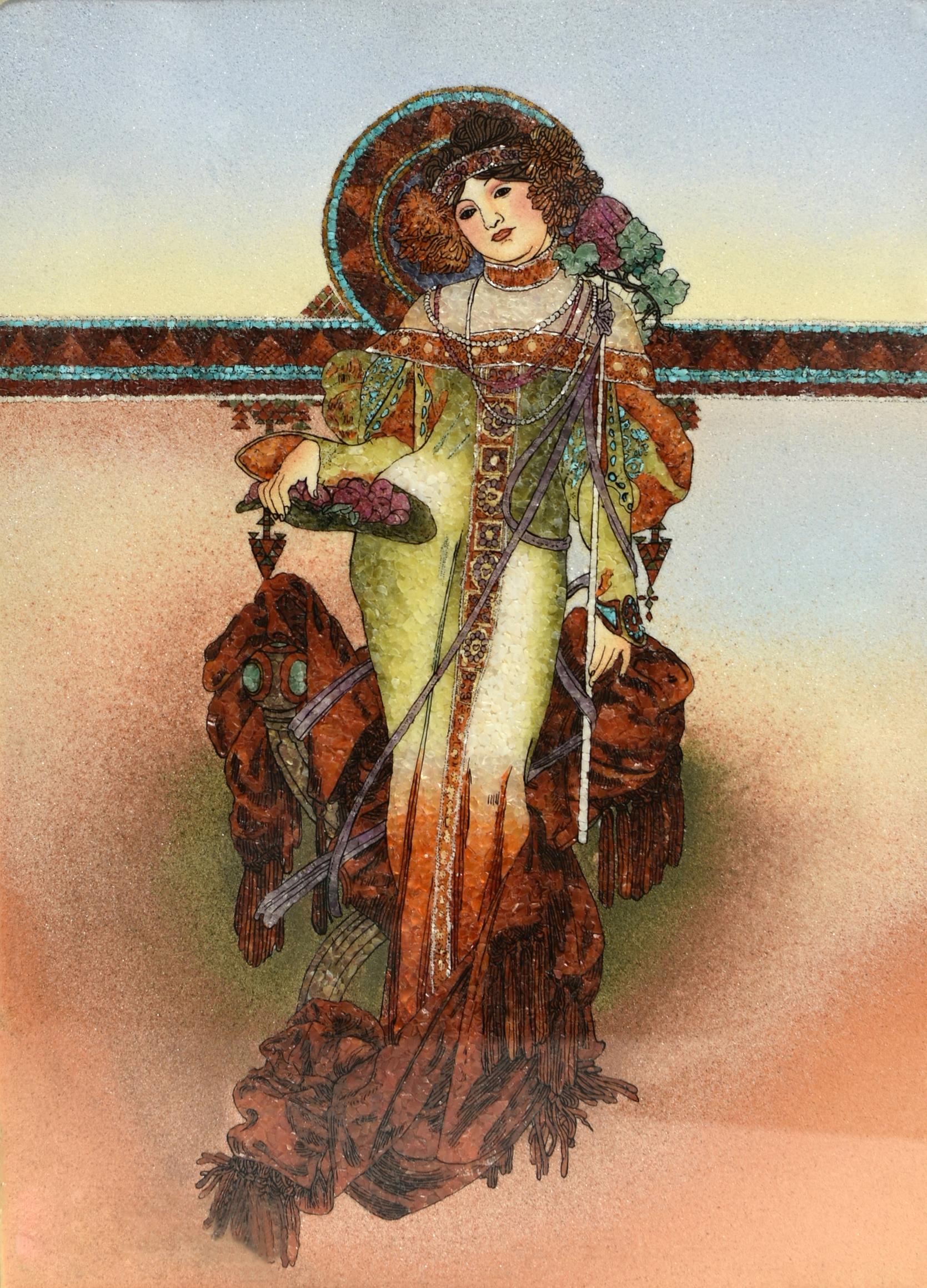Gemstone Painting Modeled After Alphonse Mucha Autumn Art Nouveau  For Sale 4