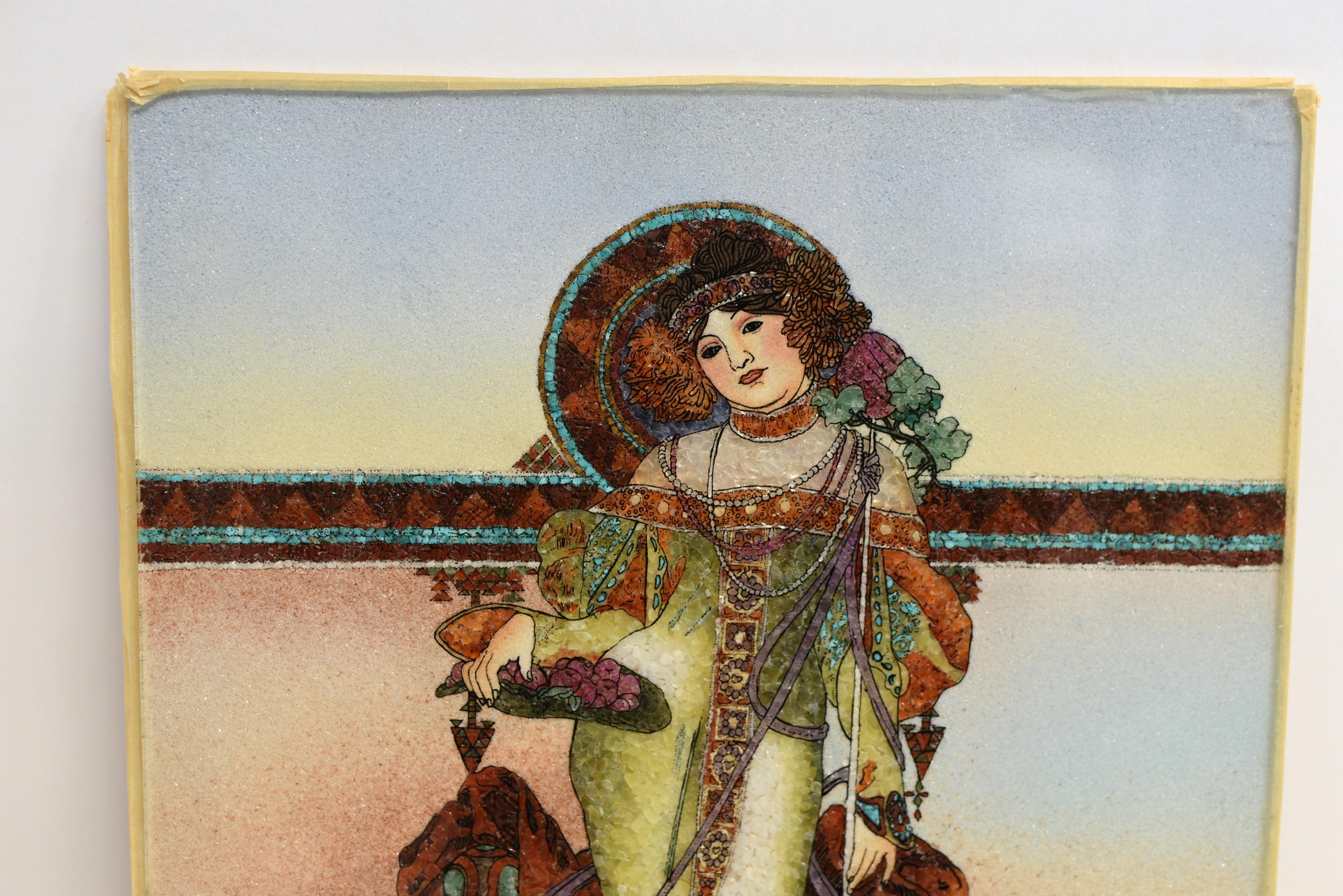 Italian Gemstone Painting Modeled After Alphonse Mucha Autumn Art Nouveau  For Sale