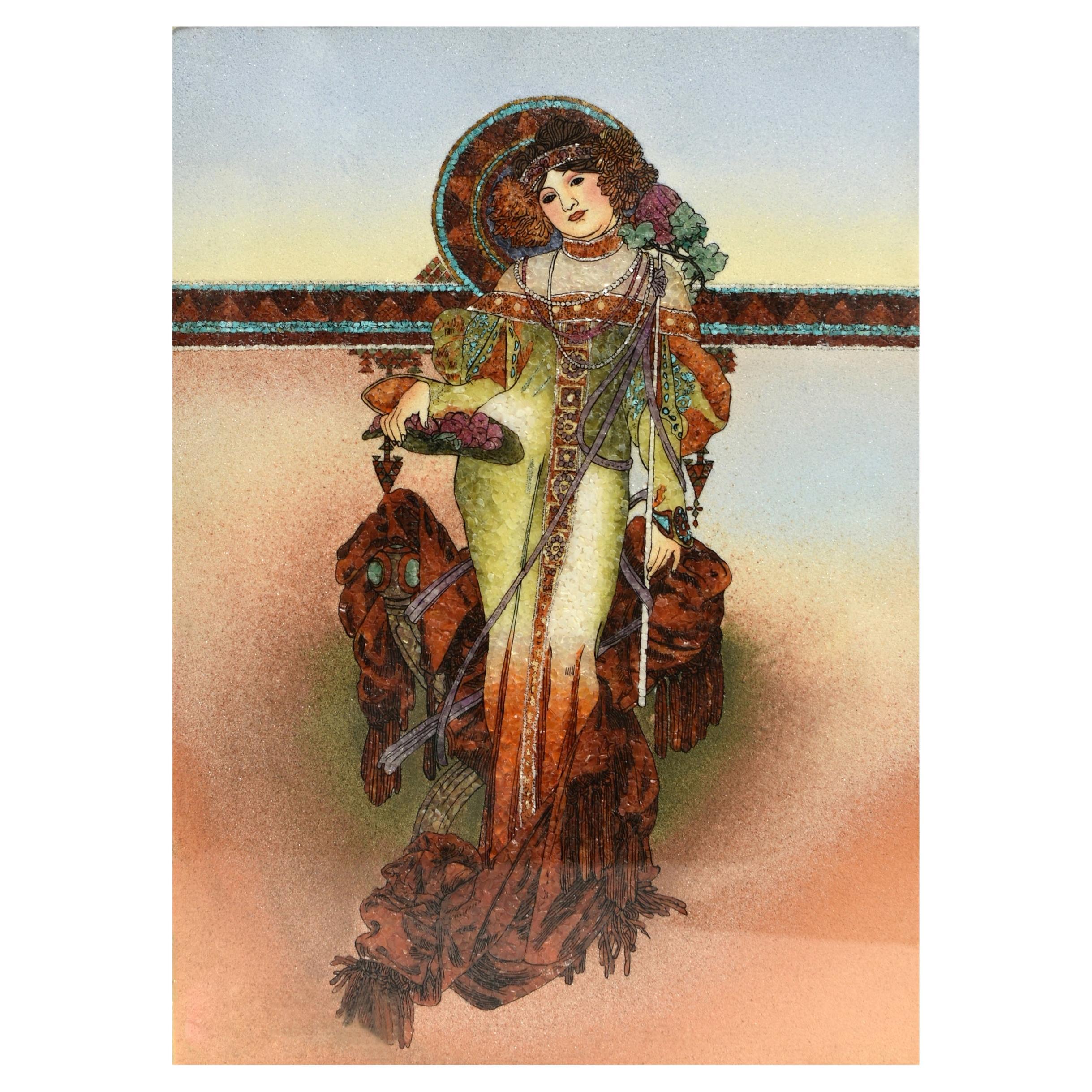 Gemstone Painting Modeled After Alphonse Mucha Autumn Art Nouveau  For Sale