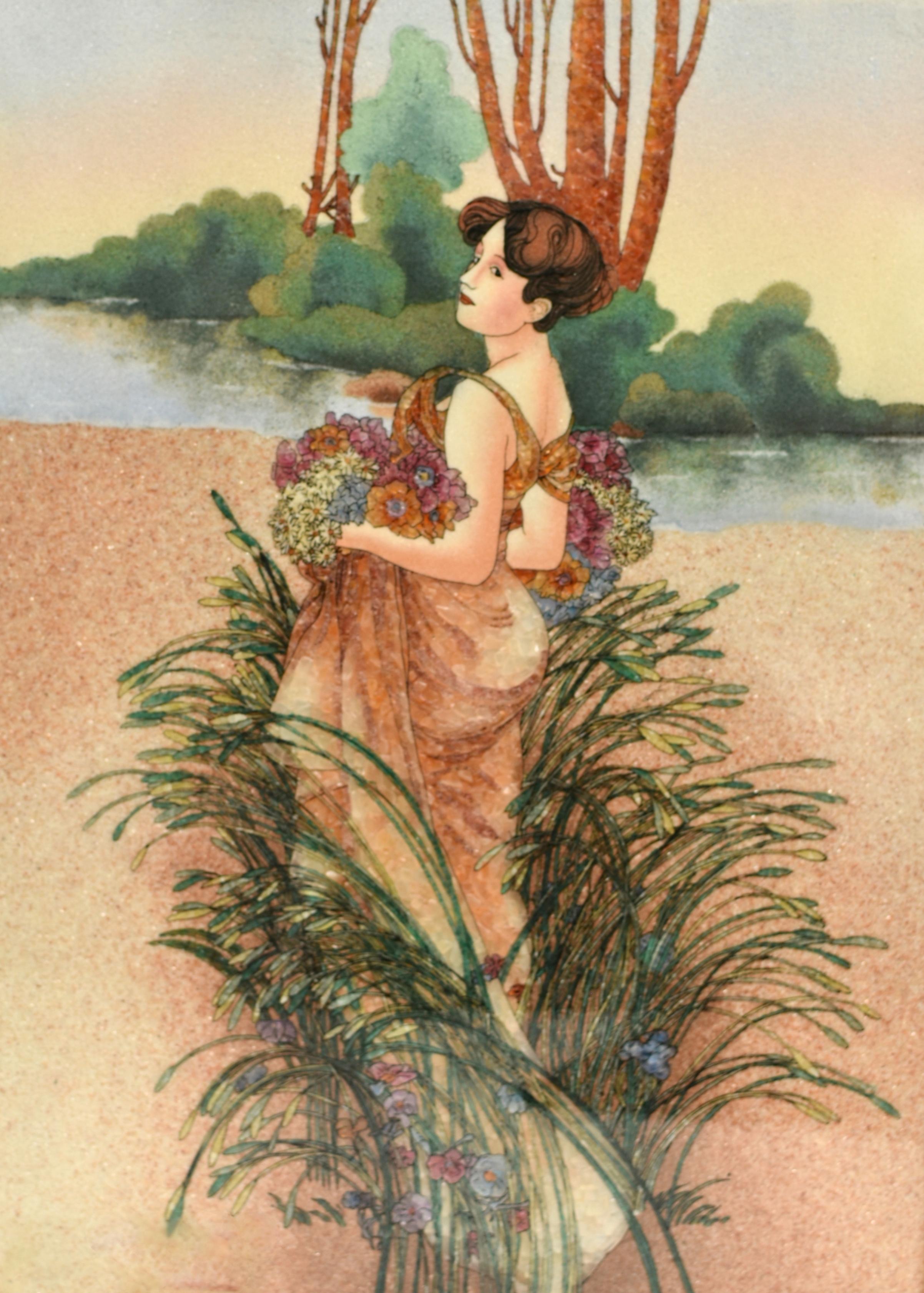 Gemälde mit Edelsteinen, Modelliert nach Alphonse Mucha, Jugendstil  im Angebot 2