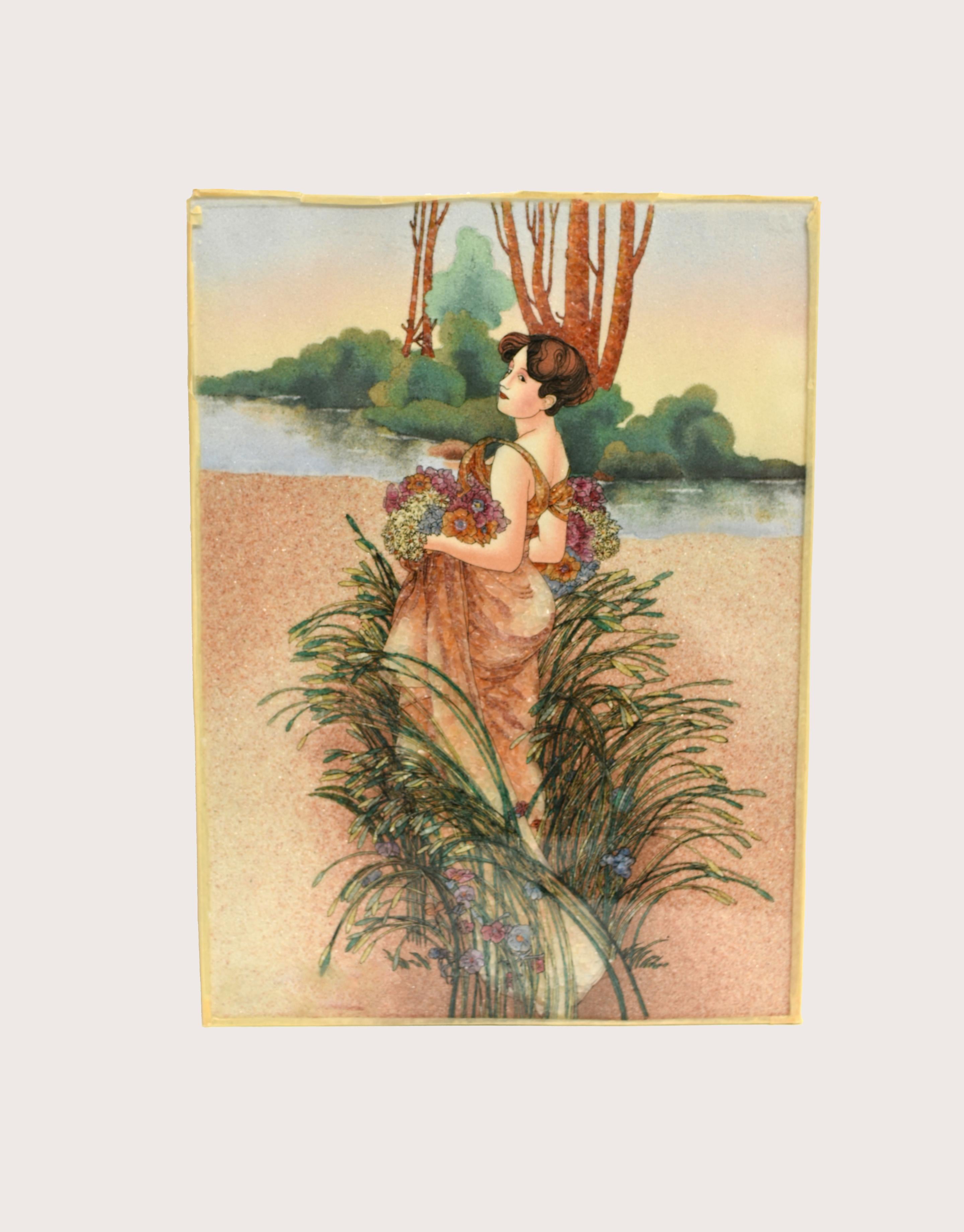 Gemälde mit Edelsteinen, Modelliert nach Alphonse Mucha, Jugendstil  im Angebot 4