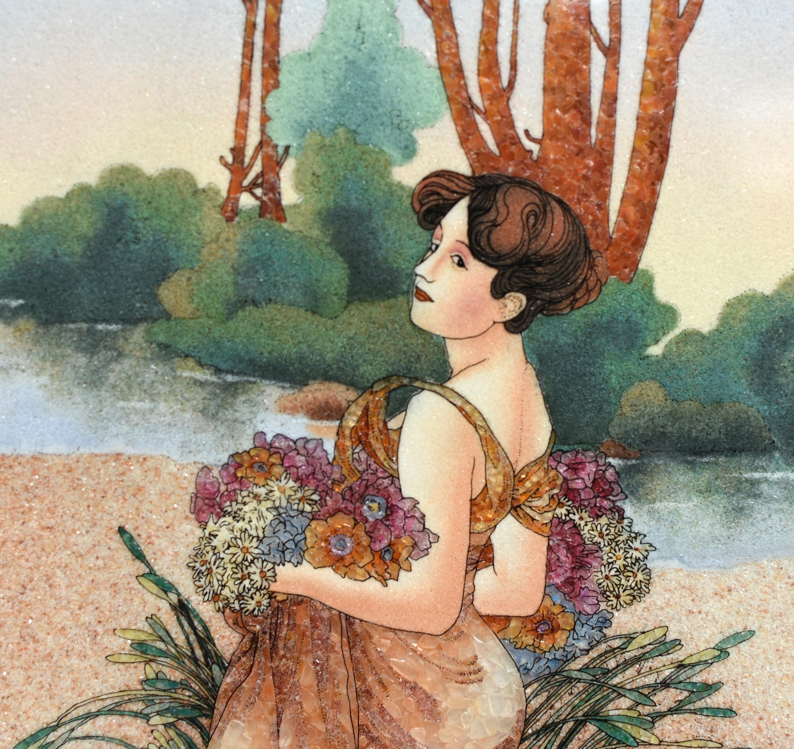 Italian Gemstone Painting Modeled After Alphonse Mucha Summer Art Nouveau  For Sale